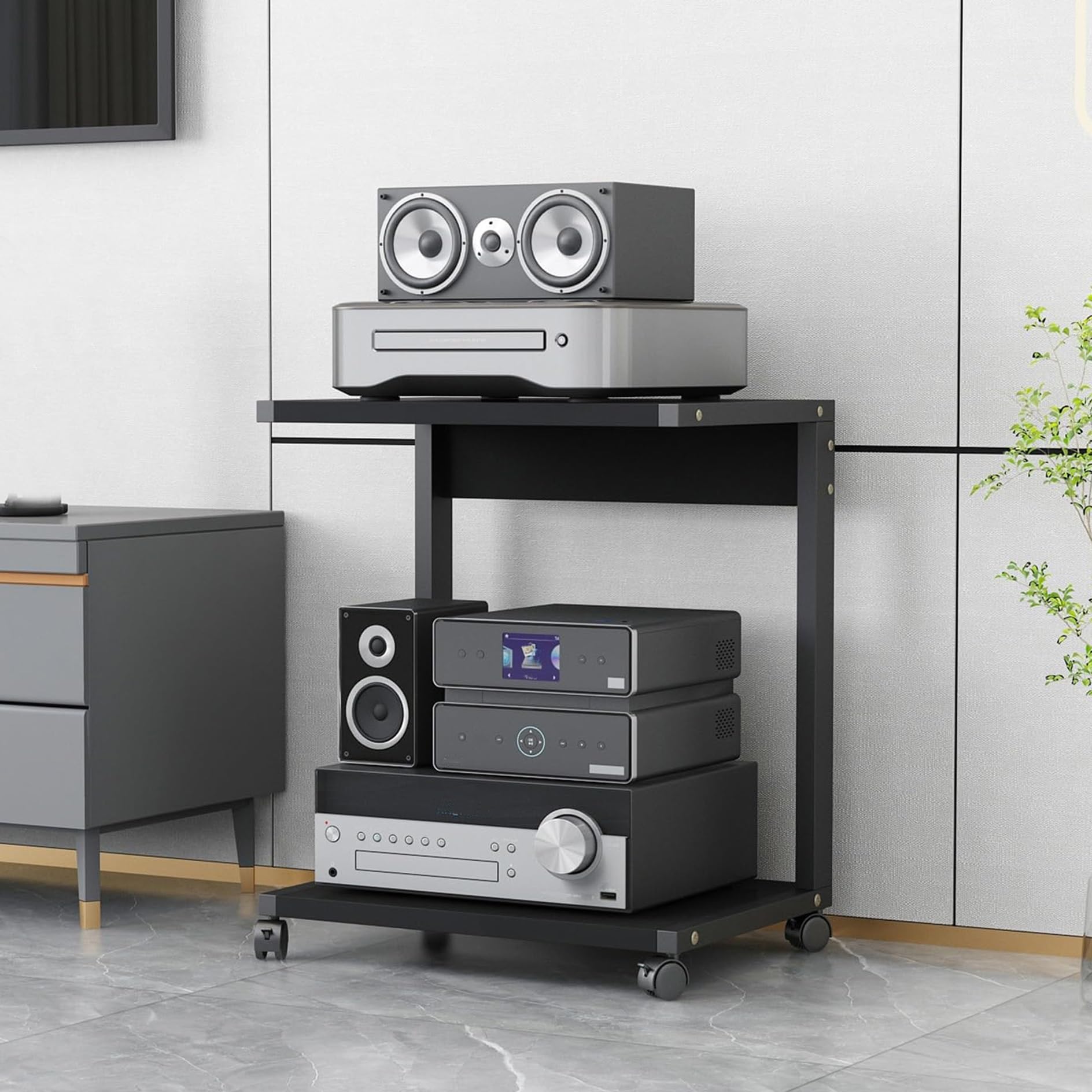 CWCQGH Modern Media Stand with Wheels 2 Tier Wooden Audio Video Shelving Stereo Rack & Corner Entertainment Center for Living & Gaming Room,Black-50x40x65cm