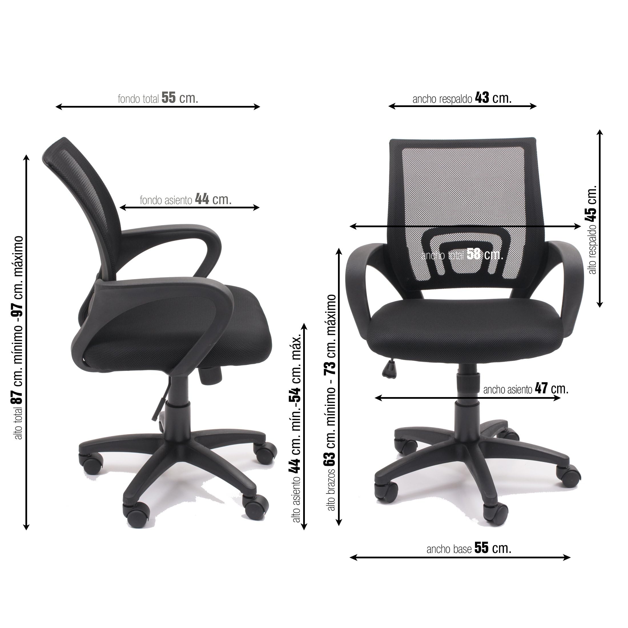 Homely - Silla Oficina, Estudio, Escritorio PRACTIK, Base giratoria con Ruedas, Altura Regulable, Sistema SINCRO inclinación, tapizado Tejido 3D Negro, 58x55x87-97 cm, Respaldo Color Gris Claro