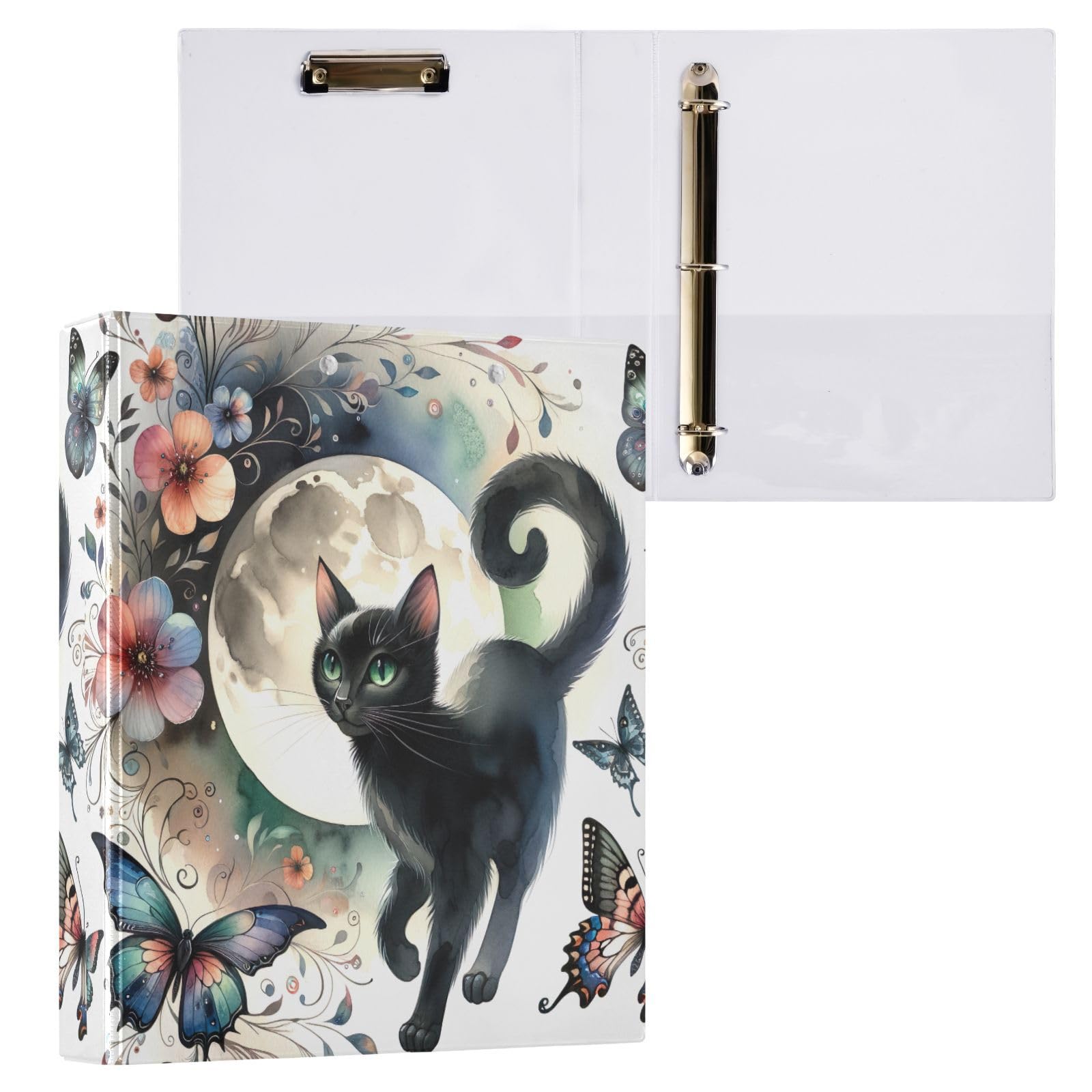 Confezione da 2 raccoglitori ad anelli con 3 anelli, motivo gatto nero e farfalle, con tasche, grandi, per scuola, università e ufficio