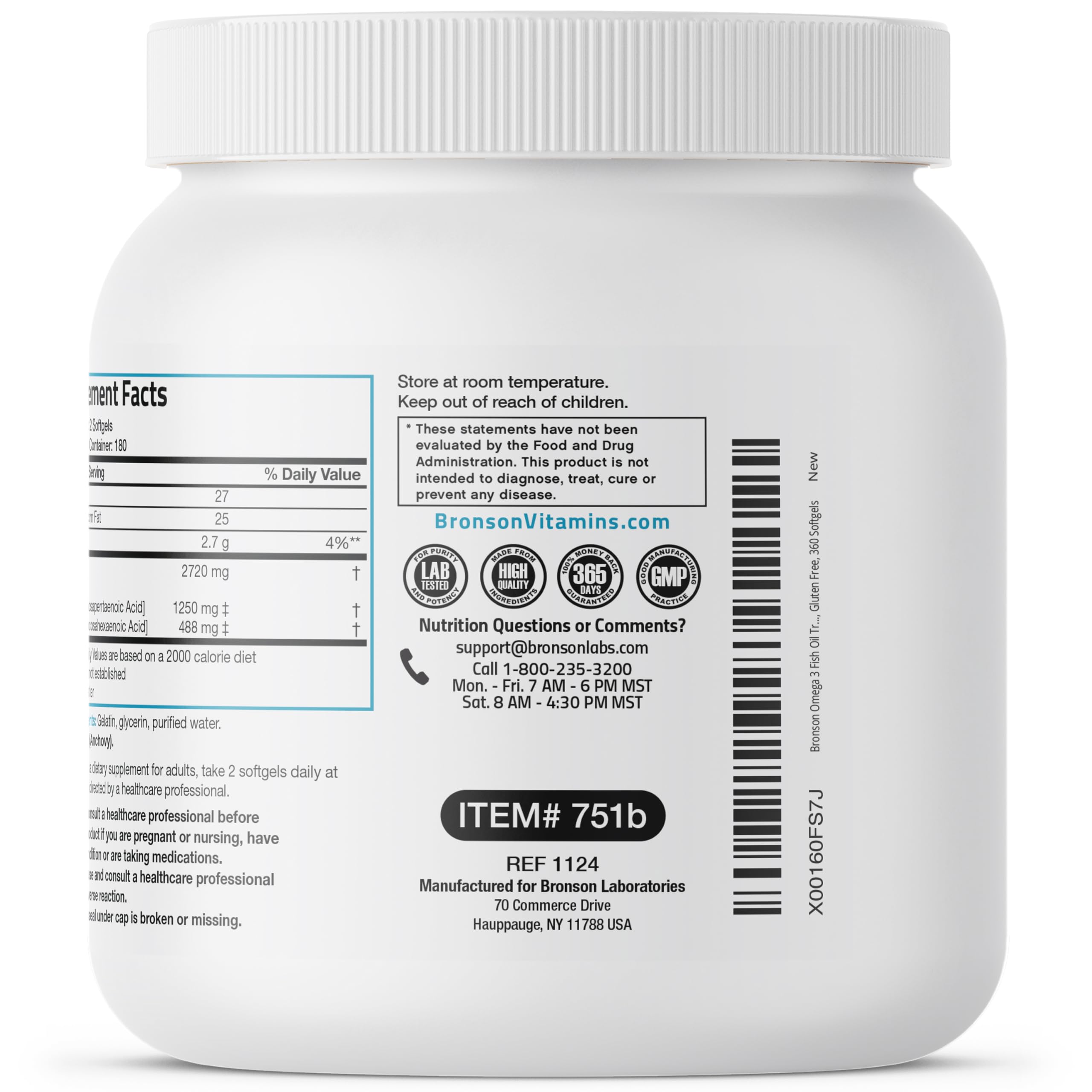 Bronson Omega 3 Fish Oil Triple Strength 2720 mg, High EPA 1250 mg DHA 488 mg, Non-GMO Heavy Metal Tested, 360 Softgels