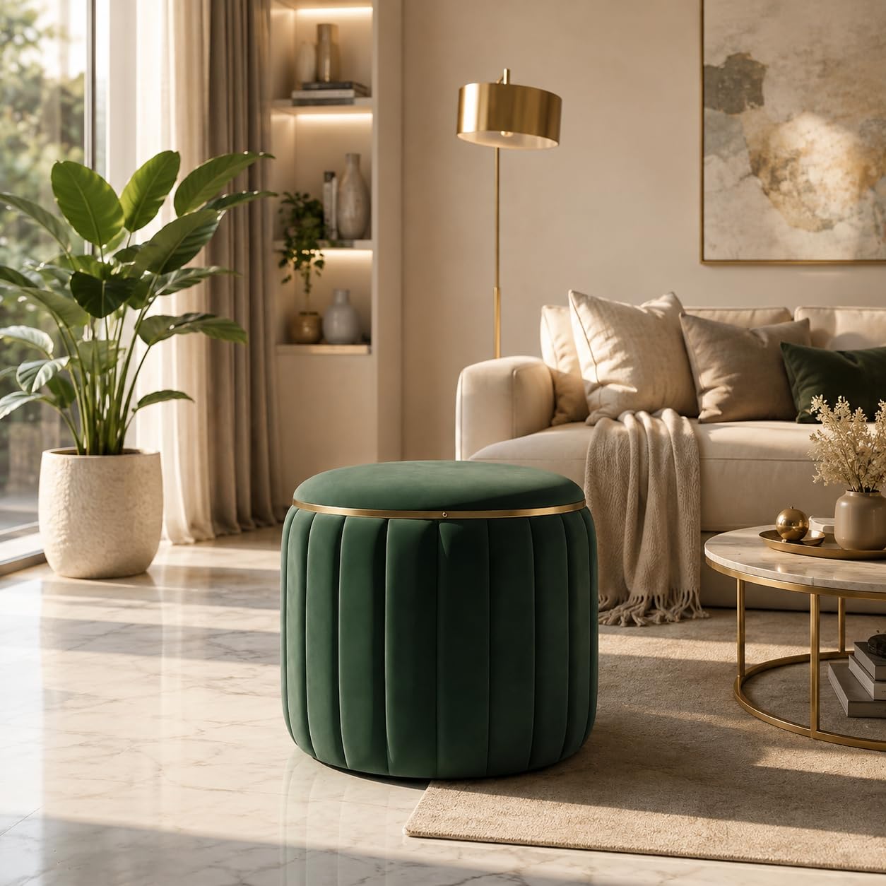 Premium Dark Green Velvet Storage Ottoman with Hidden Storage, Round Foot Rest Stool, Upholstered Vanity Makeup Seat for Living Room & Bedroom with Gold Accent Ring-image-24