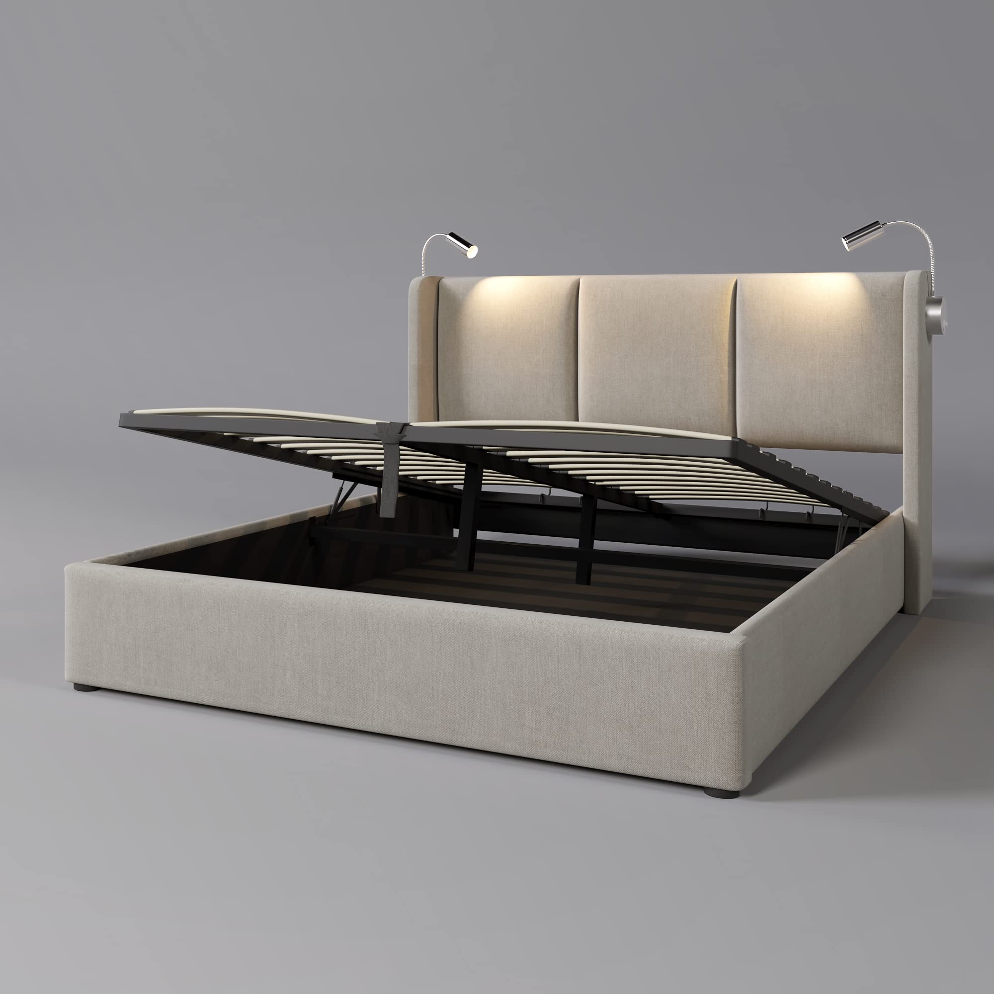 KAZZIO Cama tapizada para cama de matrimonio con espacio de almacenamiento, luz de lectura con función de carga USB, cabecero, estructura de cama de poliuretano, con somier (sin colchón) (beige, 140 x