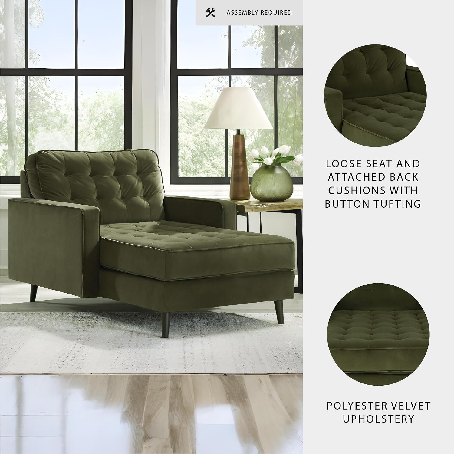 Signature Design by Ashley Reveon Lakes Mid-Century Modern Tufted Velvet Chaise with Loose Seat Cushions, Dark Green