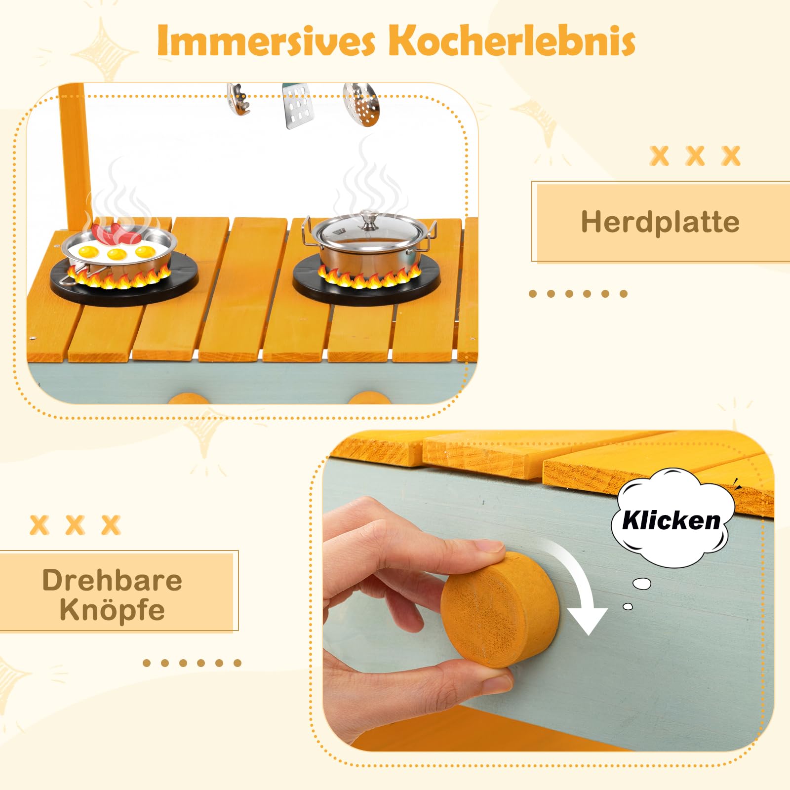 DREAMADE Matschküche Kinder Outdoor, Kinderküche Tannenholz mit Pflanzkasten & Rankgitter, Spielküche mit Wassertank, Herd, Spülbecken, Outdoor Küche mit Zubehör für Kinder ab 3 Jahren (Gelb)