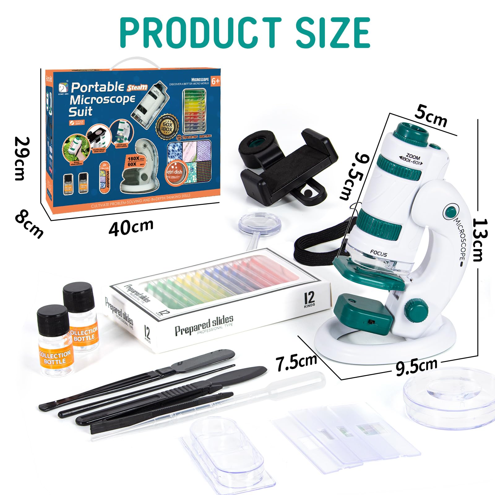 Todeco Microscope 60X-180X pour Enfants et Étudiants - Ensemble avec Zoom Éclairé par LED, 12 Lames Préparées - pour l'Observation Microbiologique