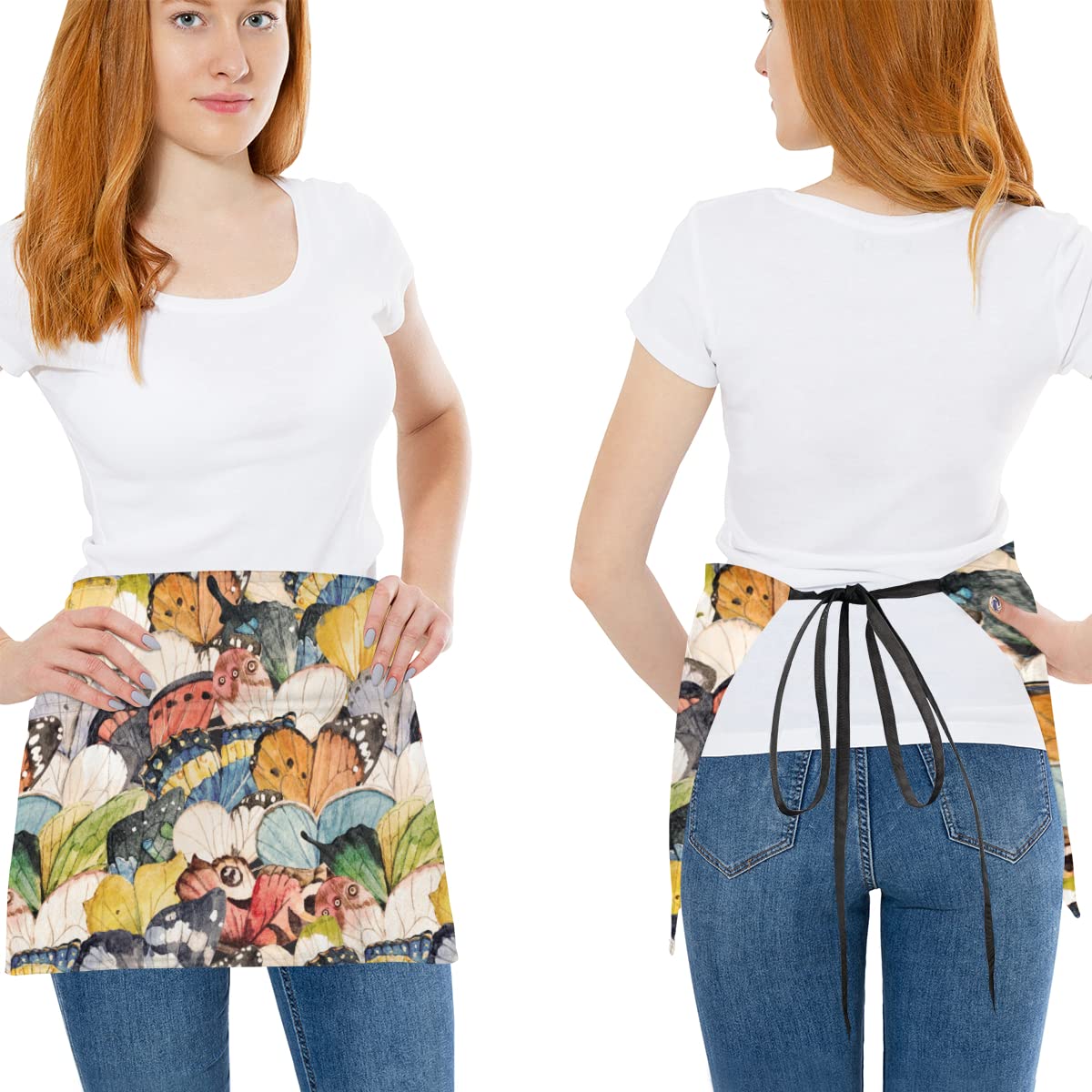 bisibuy Butterfly Wings Watercolor 3 Pack Server Aprons with 3 Pockets Cute Waitress Waiter Wasit Apron for Women Men Restaurant Bistro Cafe Bars Half Aprons Waitress Server Accessories