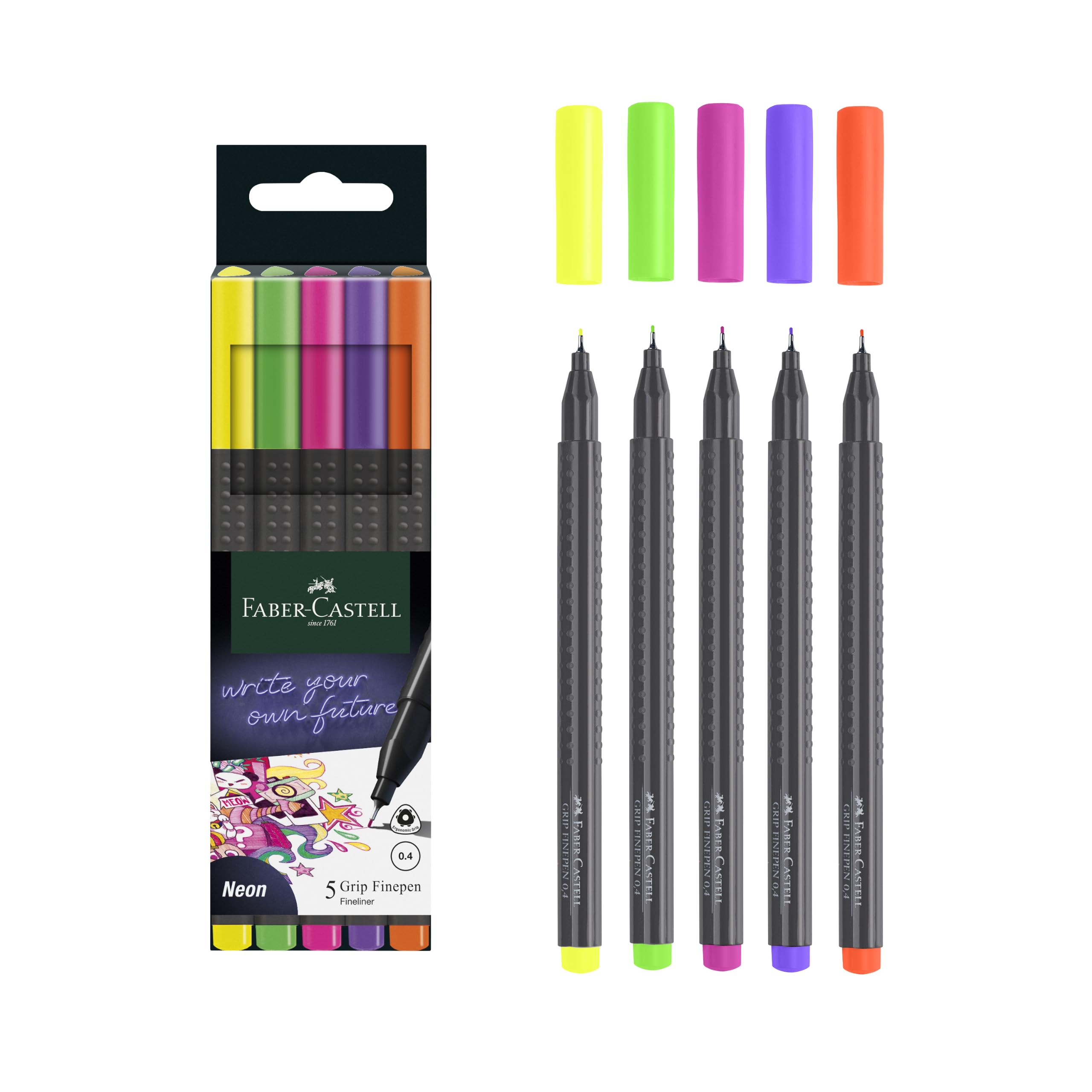 Faber-Castell Grip Finepen İnce Keçe Uçlu Kalem Seti, 5’li, Neon Renkler, 0.4 mm, Metal Destekli, Ergonomik Üçgen Gövde