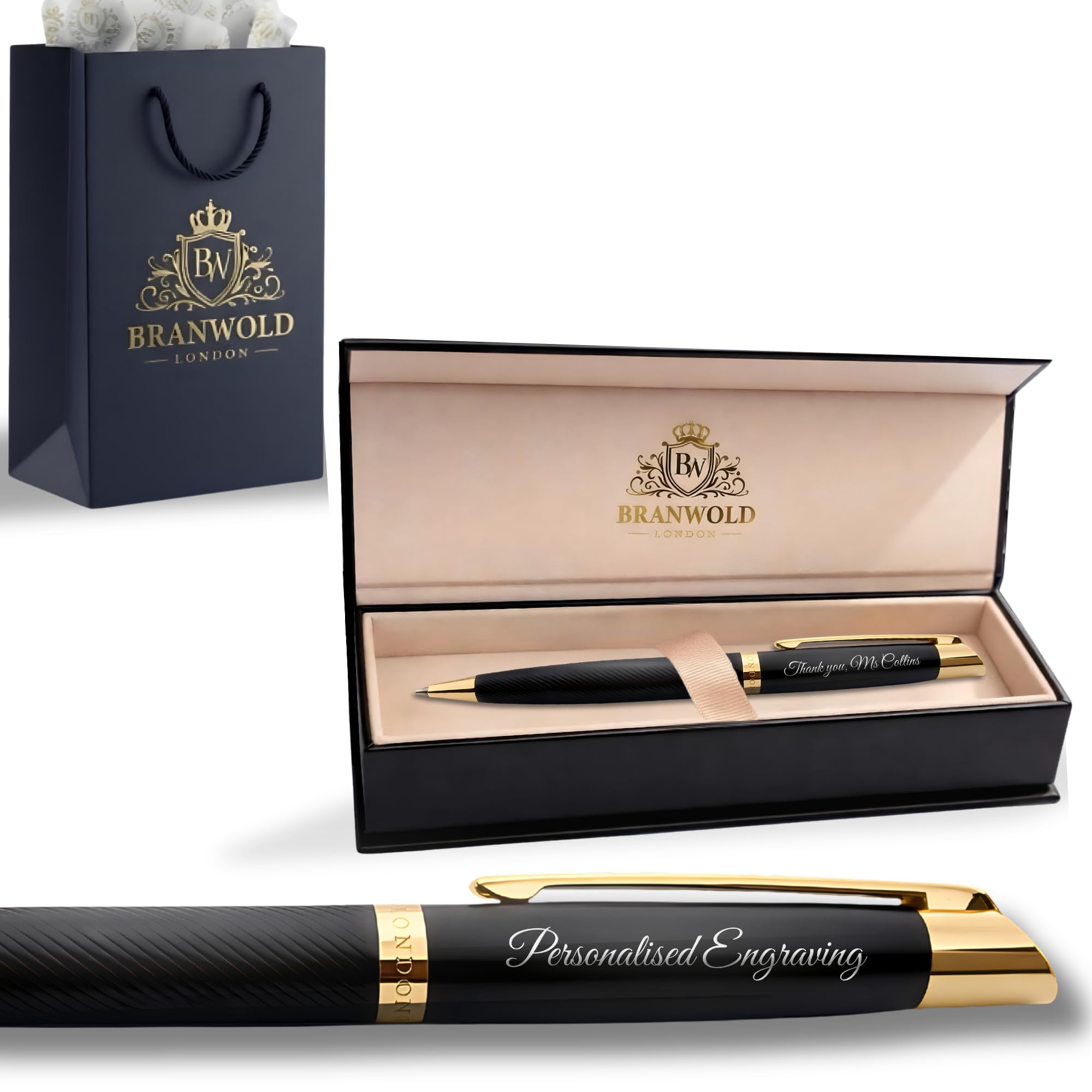 BRANWOLD London Luxury Personalised Pen Set, Custom Engraved Black Ballpoint Pen with Gold Trim, Premium Corporate Gifts with Presentation Box & Matching Gift Bag, Gifts for Men & Women