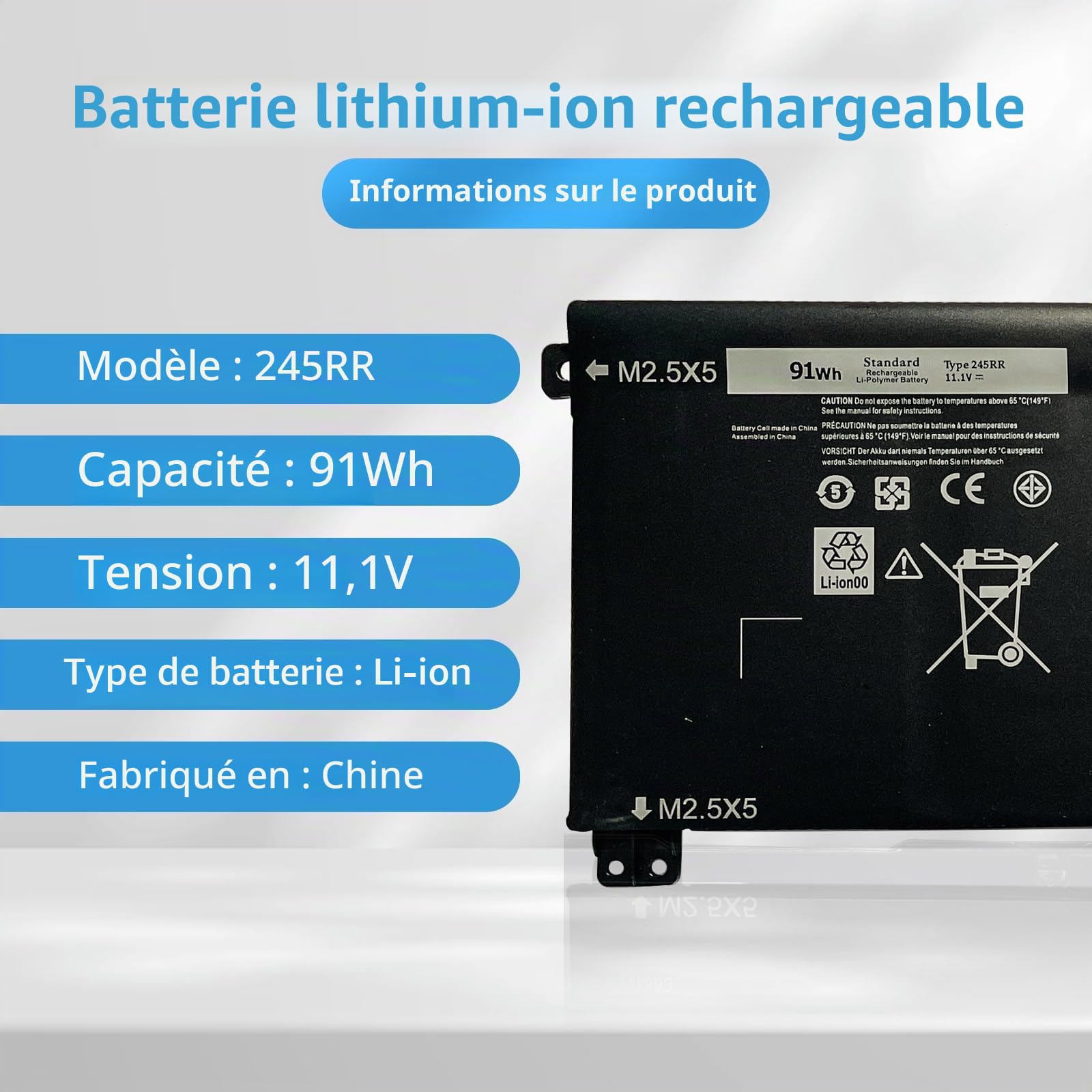 245RR 0H76MY H76MV 07D1WJ 7D1WJ Y758W Batterie d'ordinateur Portable