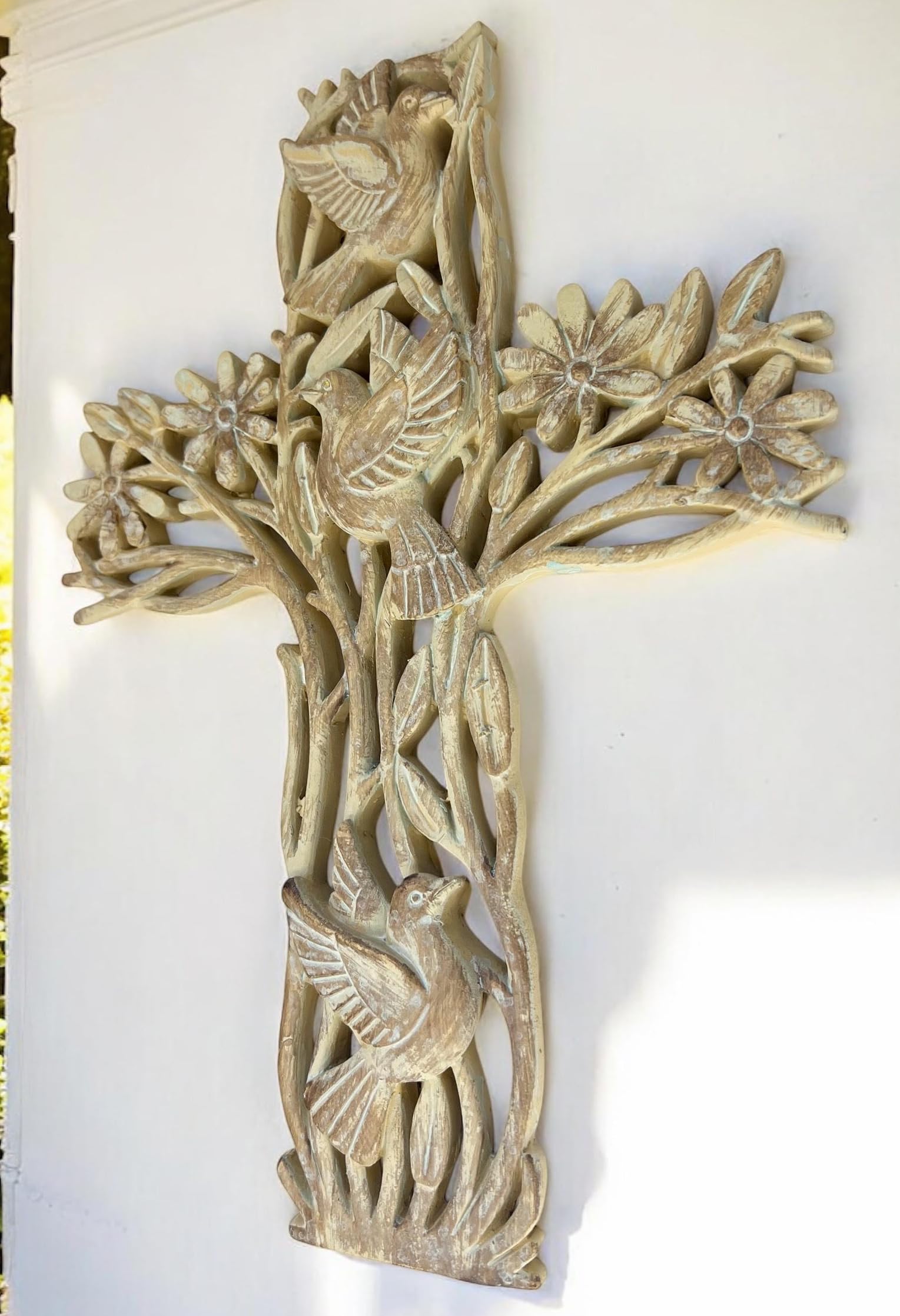 Top Brass Garden of Life Decorative Wall Cross – Rustic Carved Wood Look – Flowers and Doves Spiritual Jesus Art