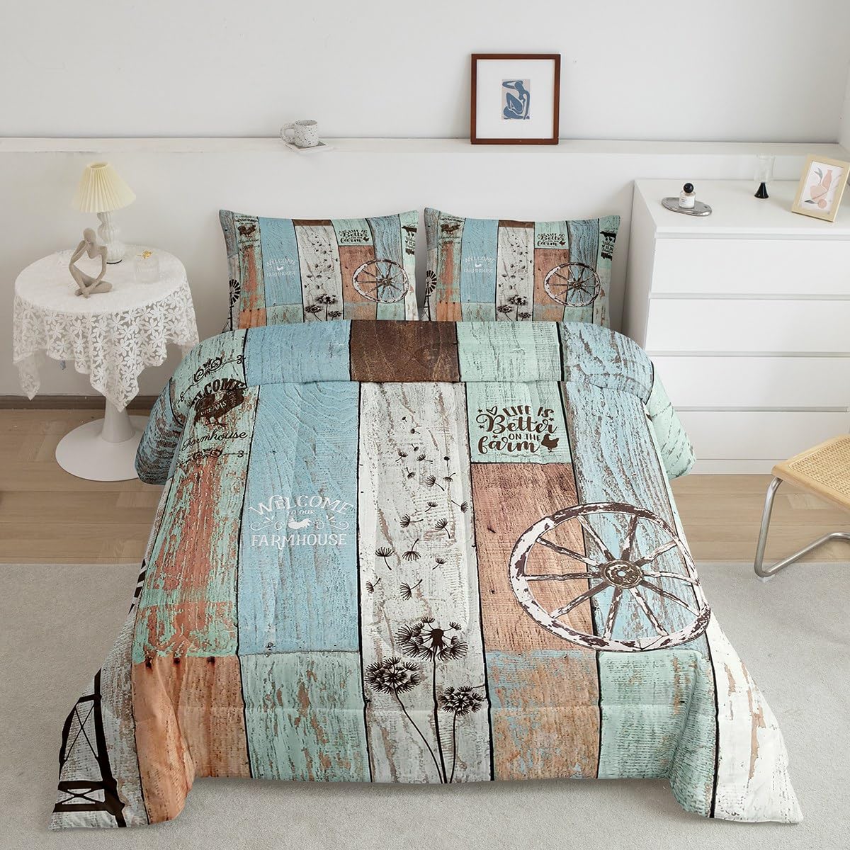Farmhouse Style Comforter Full Size, Rustic Windmill Bedding Set Vintage Country Western Comforter Set Dandelion Wheel Farm Barn Door Wooden Quilt Windmill Bedroom Decor For Kids Teens Adult Women
