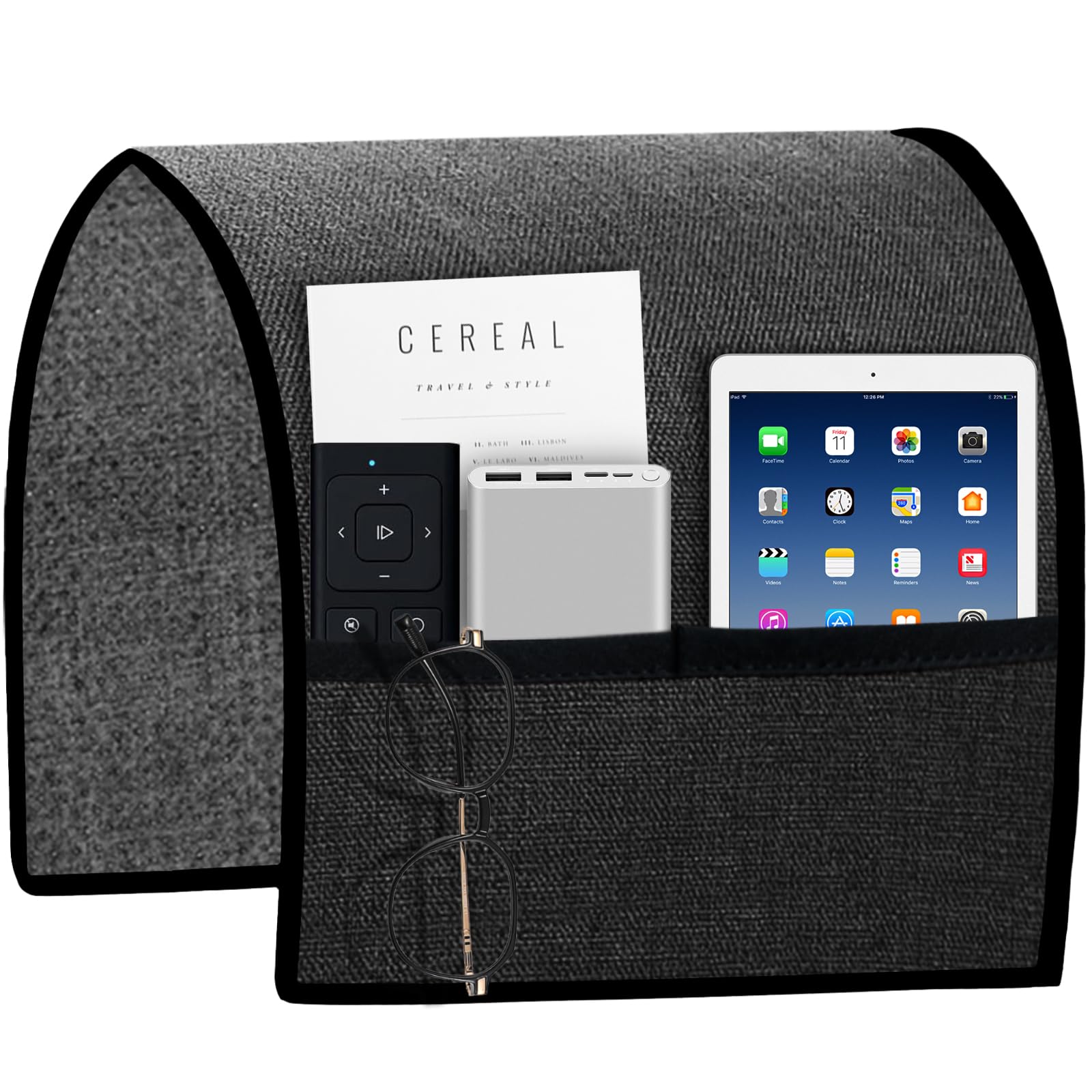 Ntomtuex Linen Armchair Caddy Sofa Arm Rest Cover with 2 Pockets Sofa Armrest Protector for Recliner Anti-Slip Armchair Caddy Slipcover for Living Room Couch Loveseat for Pet, Set of 2, Dark Grey