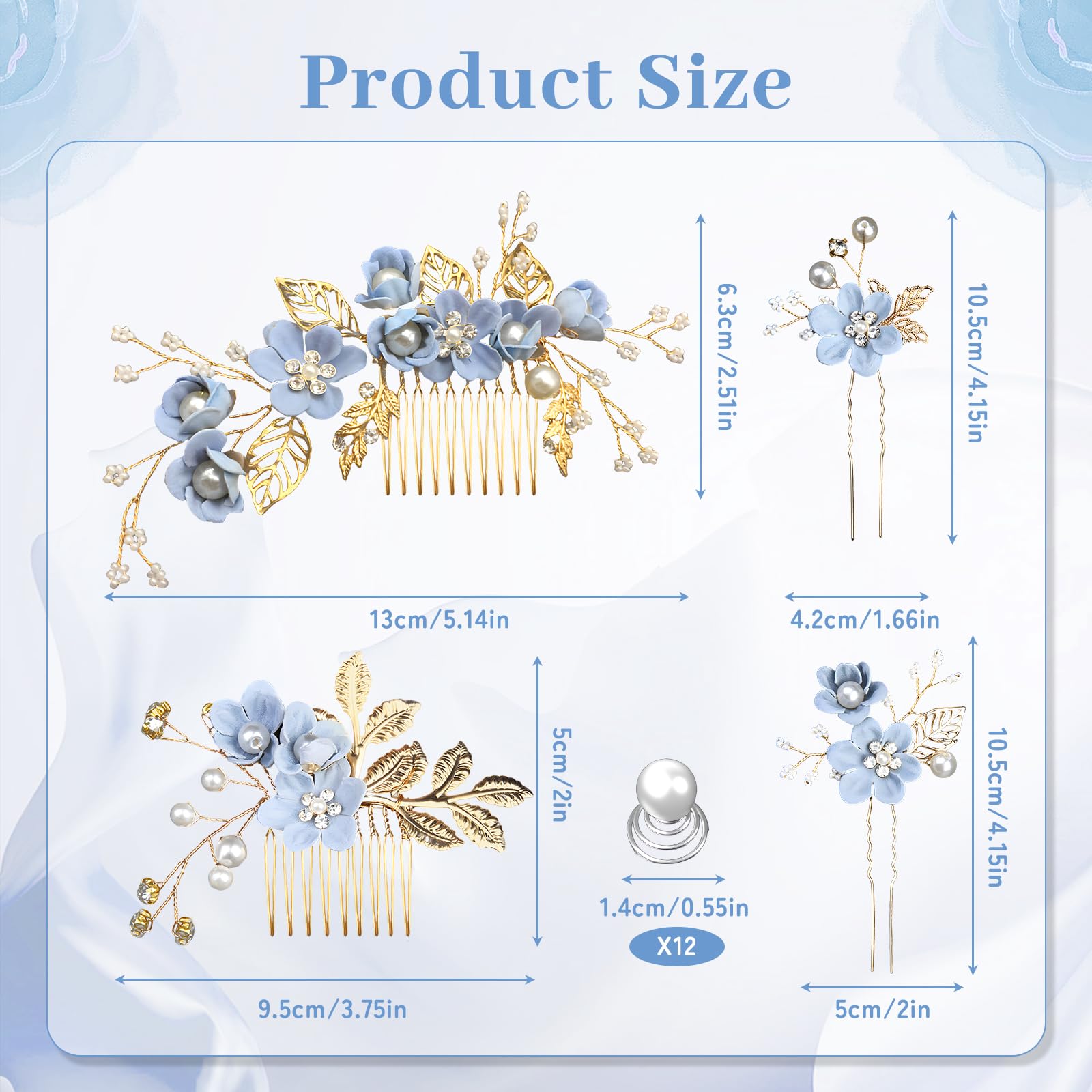 16PCS Bridal Wedding Blue Hair Accessories for Women Elegant Decorative Flower Hair Pins & Comb Set - Image 2