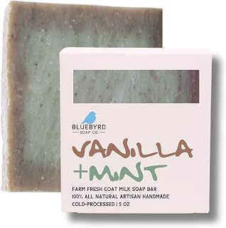 Bluebyrd Soap Vanilla Mint Natural Goat's Milk Soap Bar | Gentle Exfoliating Goatmilk Bar Soaps Made with Organic Ingredients | Coconut Oil & Shea Butter Vanilla Soap (Vanilla Mint)
