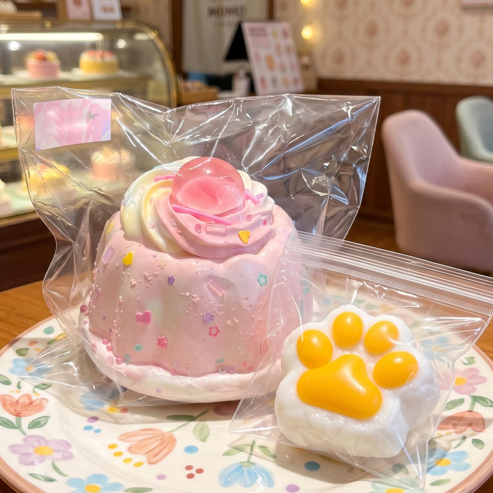 Ｈ・Ｋ スクイーズケーキおもちゃ 食べ物シリーズ ケーキ・クッキー・パン スクイーズ 玩具 もちもち 柔らかい シリコン 肉球 握る玩具 減圧グッズ 手作り 感覚おもちゃ ストレス解消 暇つぶし 不安軽減 子供 大人 兼用 誕生日プレゼントチェリープリン＆肉球おにぎり(2点セット) [並行輸入品]
