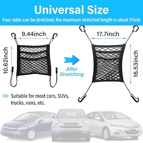 Miniatura 9 de Kewucn Organizador de malla de automóvil de 2 capas, elástico de dos lados, bolsa de red entre asientos delanteros, barrera de red para el asiento