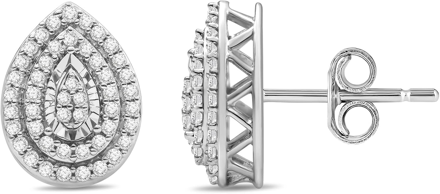 Jewelili 925 Sterling Silver Stud Earrings for Women | 1/4 CTW Diamonds | Choice of Heart, Cushion, Pear or Round shape in Black, Blue, or White Diamonds | Push Back Post | Fine Jewelry Gift for Her