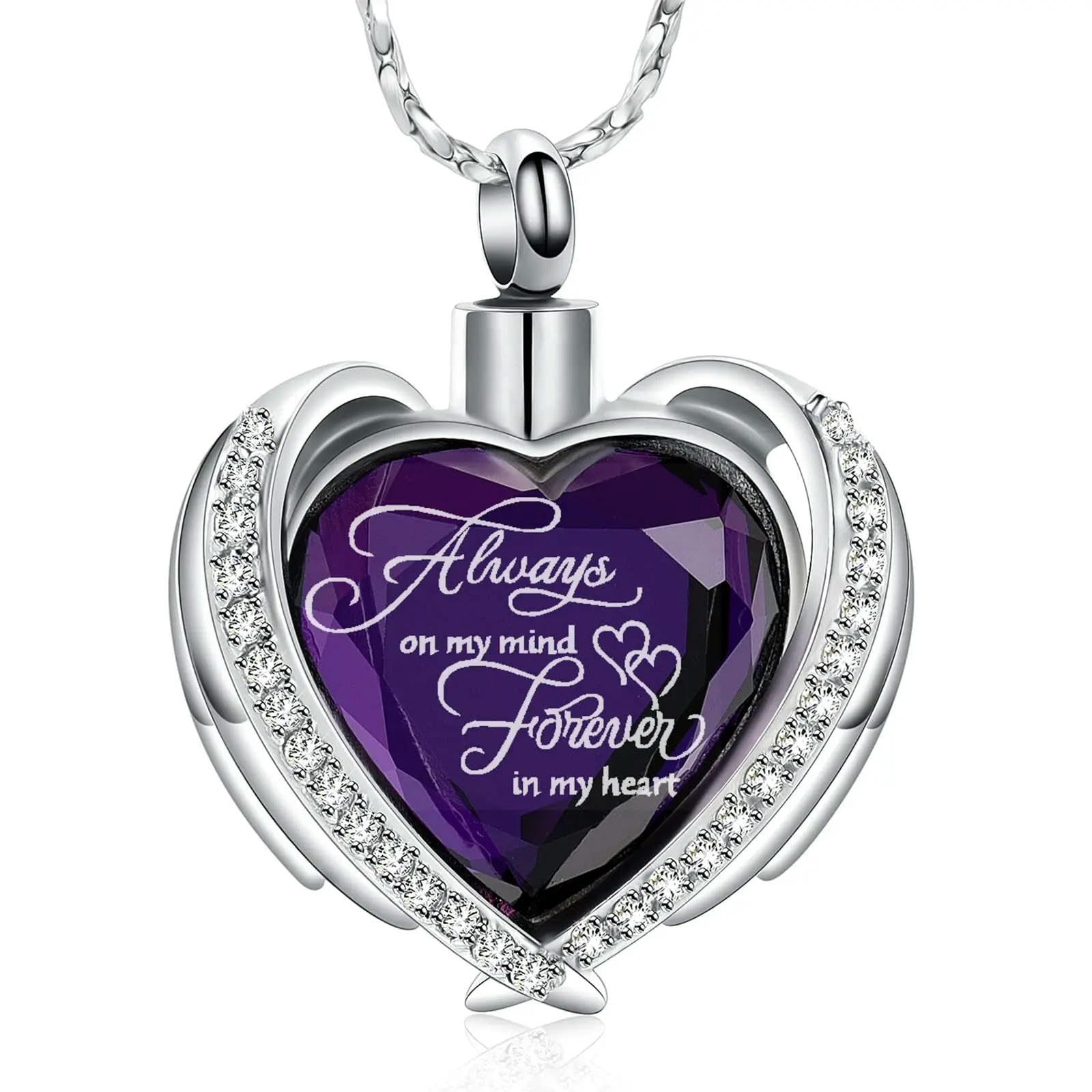 ADENLA Cremation Jewelry Angel Wing Heart Urn Pendant Necklaces for Women Crystals Birthstone Human Ashes Memorial Locket Keepsake-Purple 1