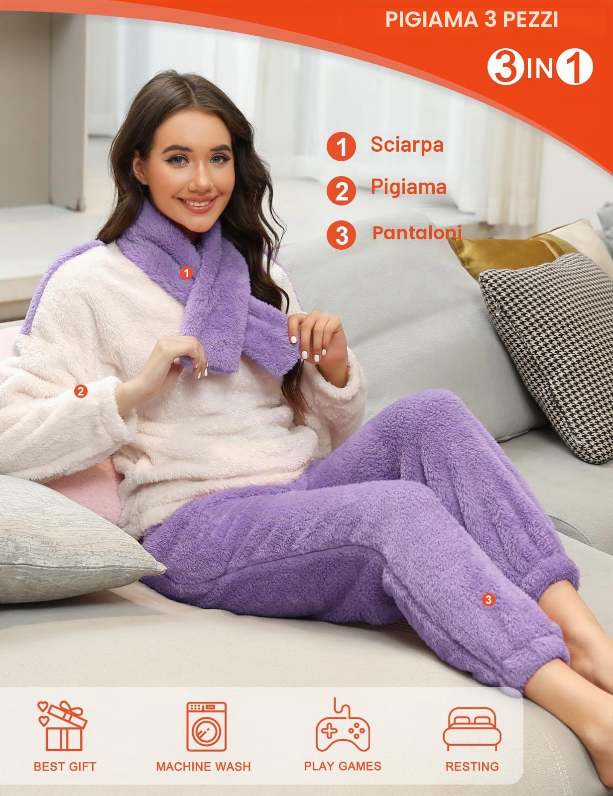 TOMEEK Pigiama da Donna Completo Invernale in Morbido Pile Polare Completo per Il Tempo Libero con Top a Maniche Lunghe Pantaloni e Sciarpa Pigiama Accogliente Pjs da Donna