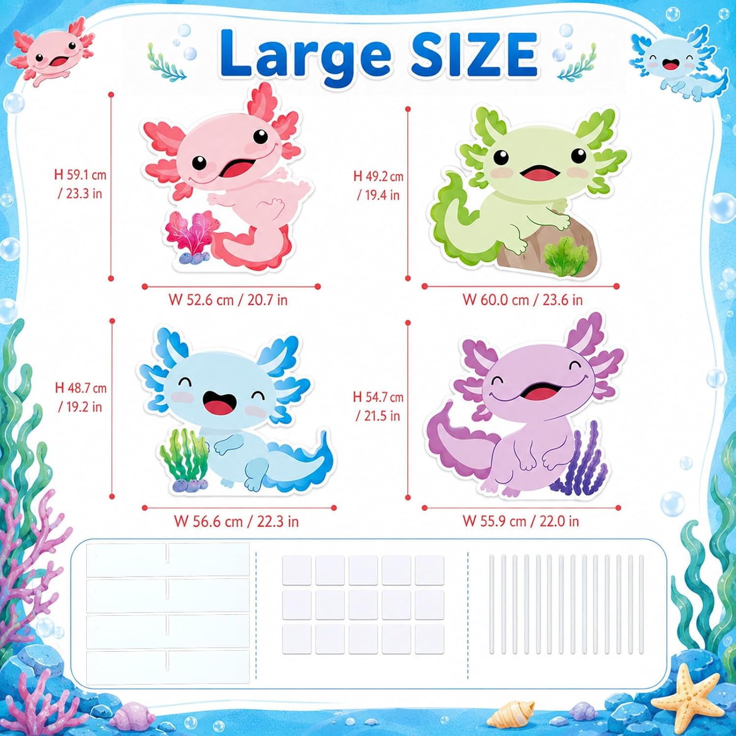 4Pcs Large Axolotl Cardboard Cutouts Colorful Axolotl Birthday Party Decor