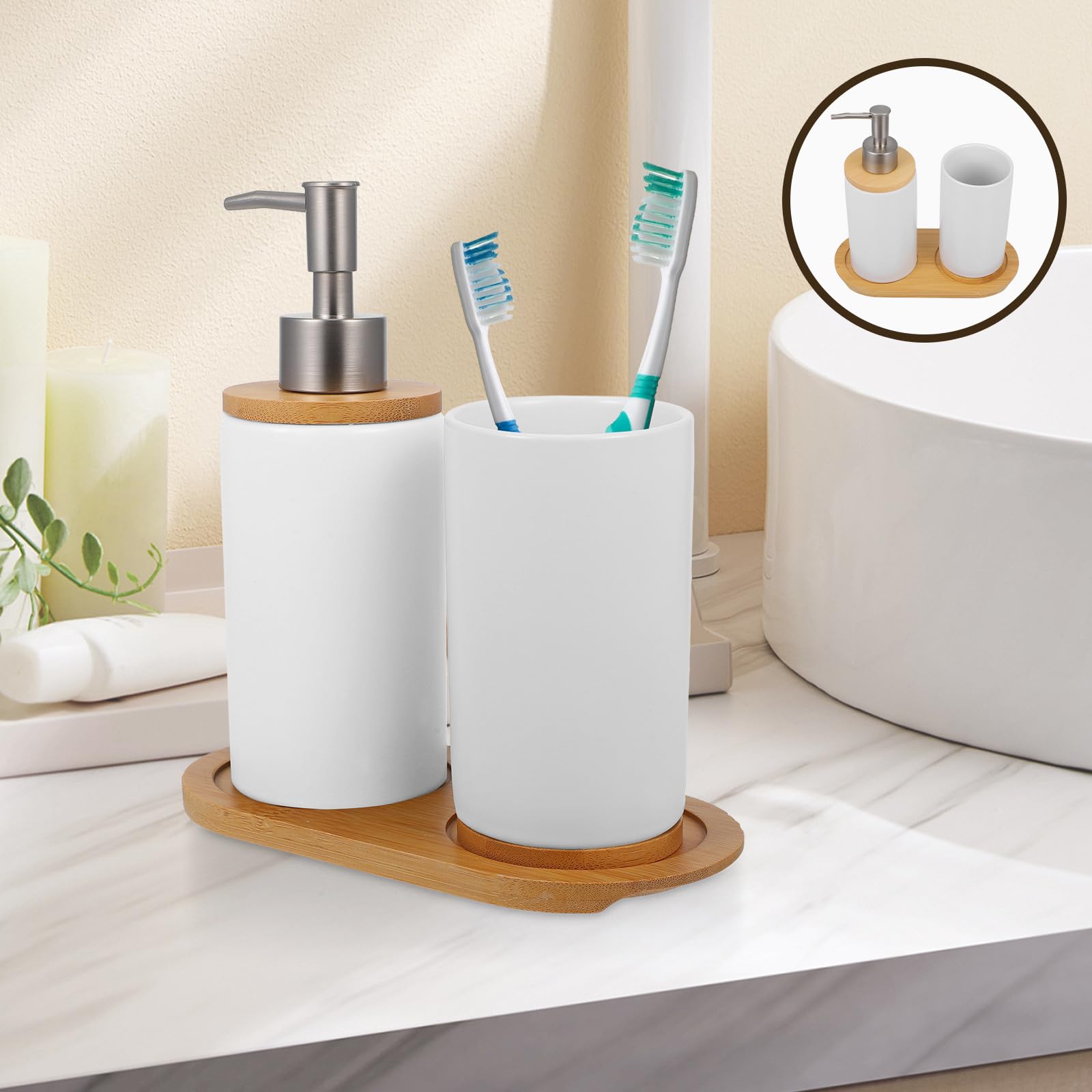 Yardwe Juego de Accesorios para Baño Cerámico Blanco 3 Piezas (Vaso 350ml, Dispensador 430ml, Base) Set para Cepillo de Dientes y Dispensador de Jabón Recargable para Baño Hogar
