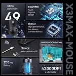 MAMBASNAKE x Requin d'attaque X3MAX Souris de jeu sans fil,PixArt PAW3950 42000 DPI,49g Trimode ultraléger(BT5.4/2.4GHz/Wired), 1K Taux de sondage Mice programmable pour PC/MAC/Win - noir