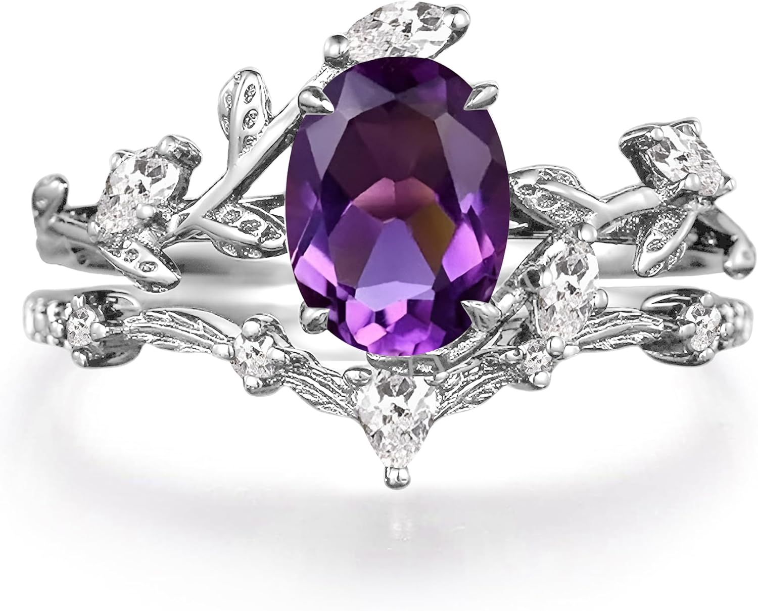 2Carats Oval Cut Gemstone Leaf Design Ring Set for Women/Wife Birthstone Art Deco Wedding Band 10K 14K 18K Gold Engagement Ring for Anniversary Birthday Christmas Custom Gift - Image 5