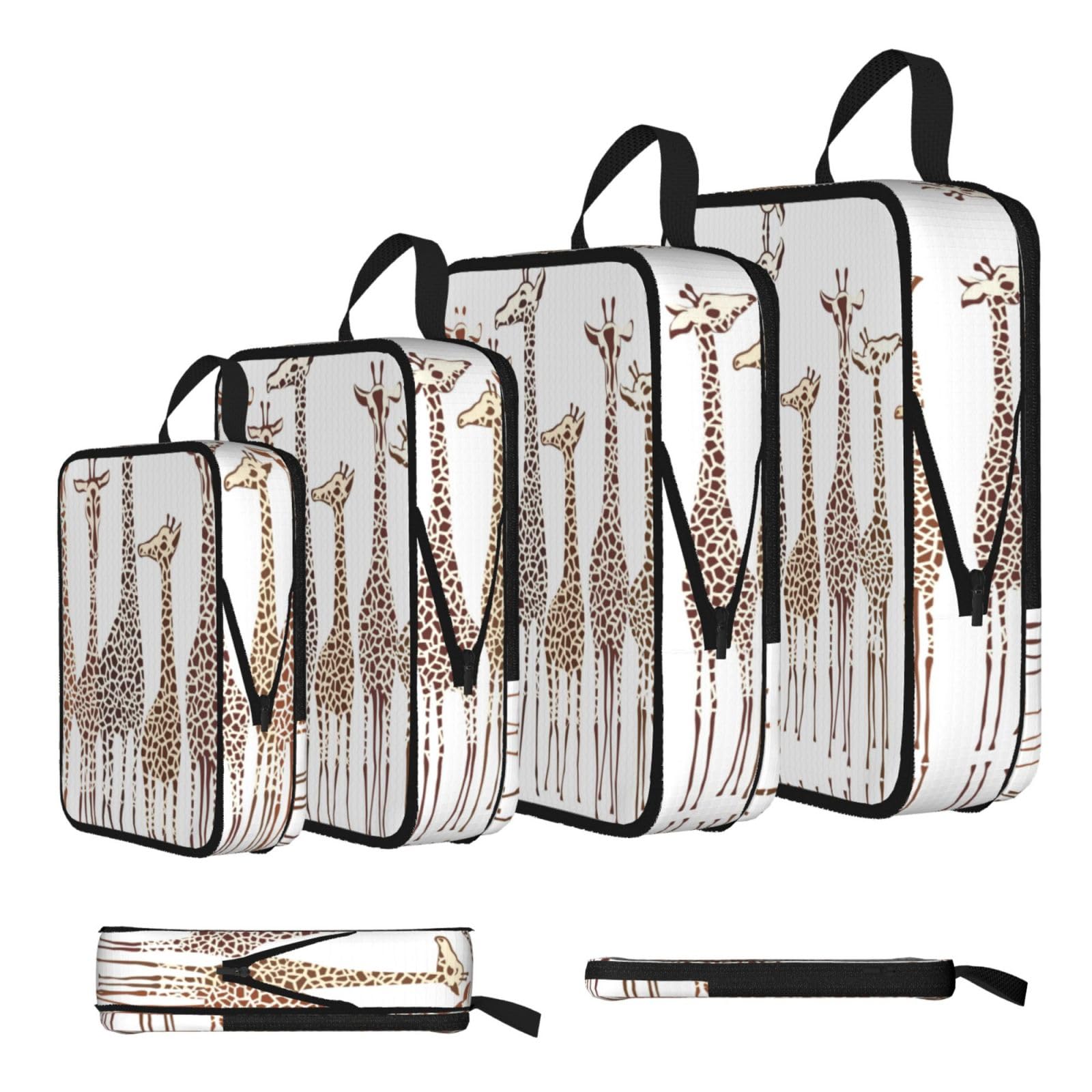 Cute Cartoon Funny Giraffes Print Compression Packing Cubes 4-Piece Set With Multi- Compartment Travel Bag, Waterproof Suitcase Organiser Bags