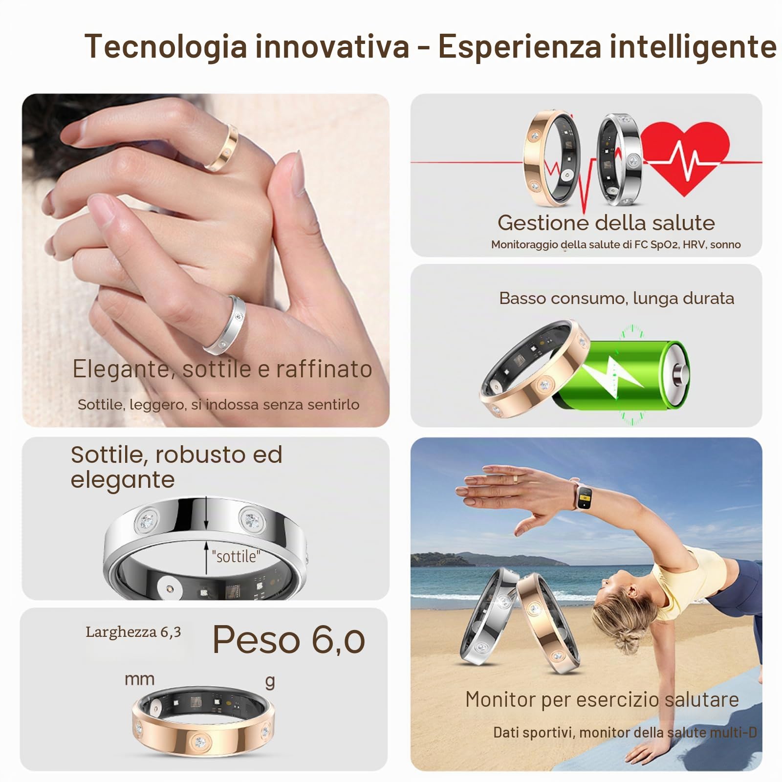 Smart Ring da Donna e Uomo in Oro Rosa e Argento, Fitness Ring per Donne, Sottile, Monitor della Menstruazione, Rilevatore di Frequenza Cardiaca, Contapassi, Monitor del Sonno, Anello Smart Fitness