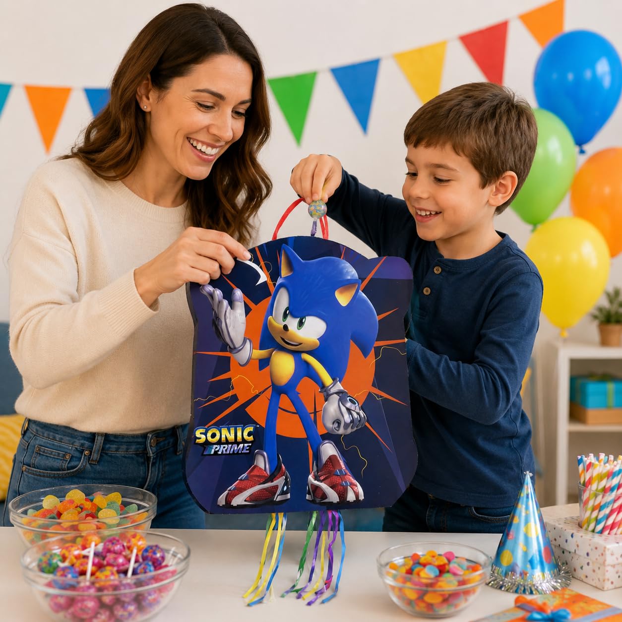 Pignata Sonic + Pack 70 Chuches Senza glutine e Giocattoli Pignata - Ananas Compleanno - Compleanno Sonic - Ananas - Riempimento pignata per bambini - Chuches - Decorazione festa - PARTY4EVER