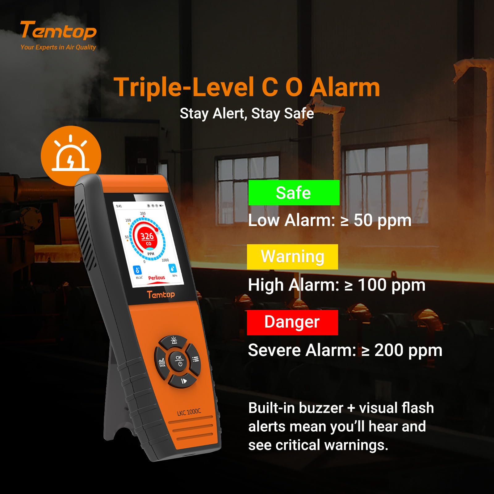 Temtop LKC-1000C Portable C-O-Detektor mit Temperatur- und Feuchtigkeitsanzeige, Messbereich 0–1000 ppm, TFT-Farbdisplay, individuelle Alarme für zu Hause/Garage/Sicherheitsüberwachung