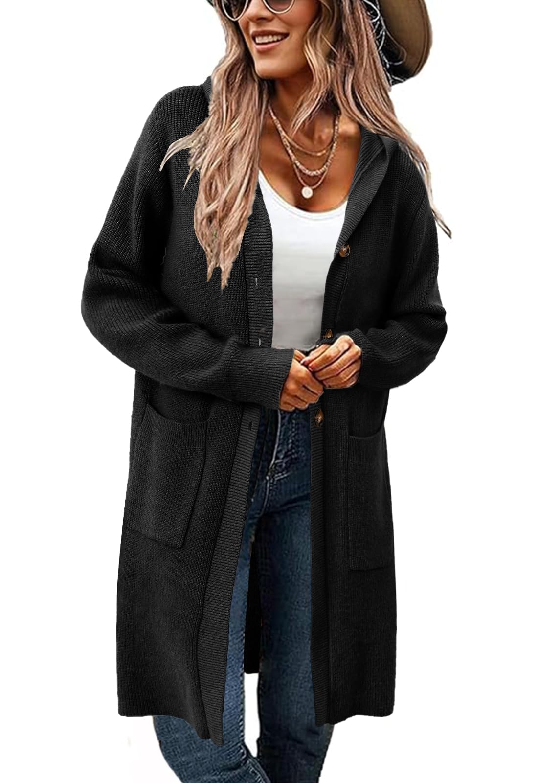 Alaster Queen Womens Hooded Fall Cardigan Long Sweater Open Front Button Down Knit Winter Cardigan Coats with Pockets