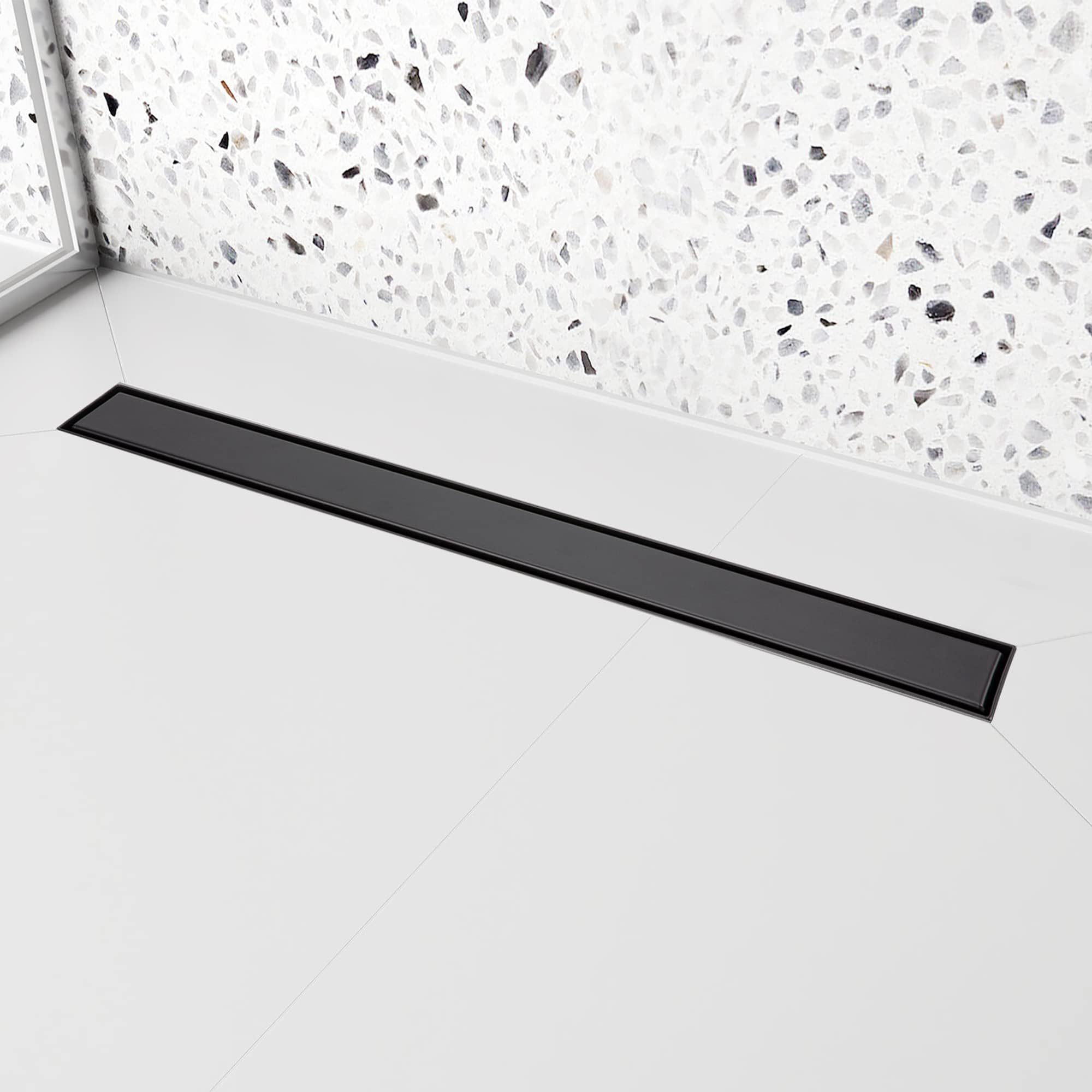 JECONNY 28 inch Linear Shower Drain with Removable Square Hole Panel by Using 304 Stainless Steel Process, Linear Drain Equipped with Adjustable Feet and Hair Strainer(Matte Black Color)