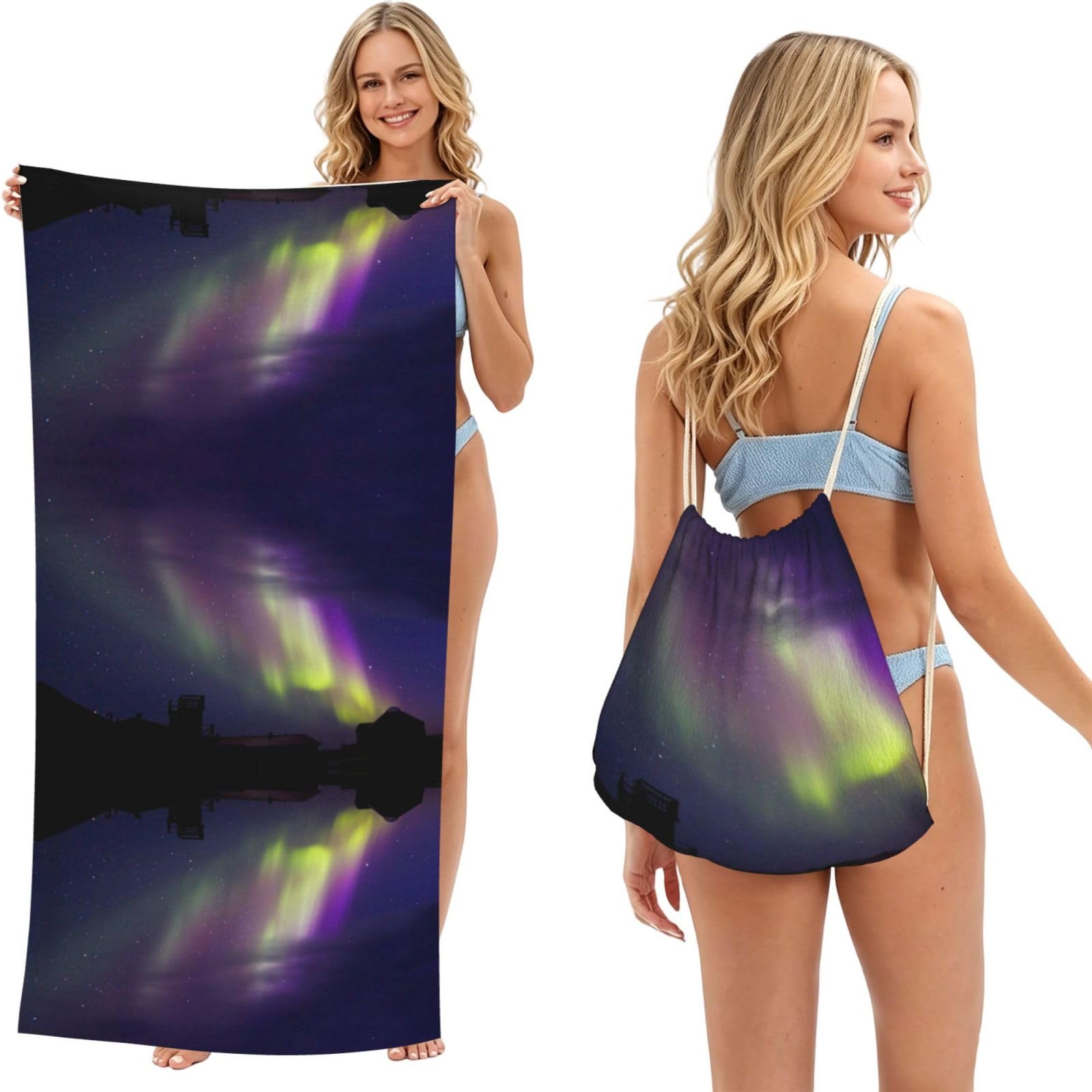 SATUSA Aurora Polaris Print 2-In-1 Foldable Beach Towel Backpack â€“ Camping, Yoga And Travel,Bath Towel With Built-In Storage, Convertible Beach Mat & Carry Bag