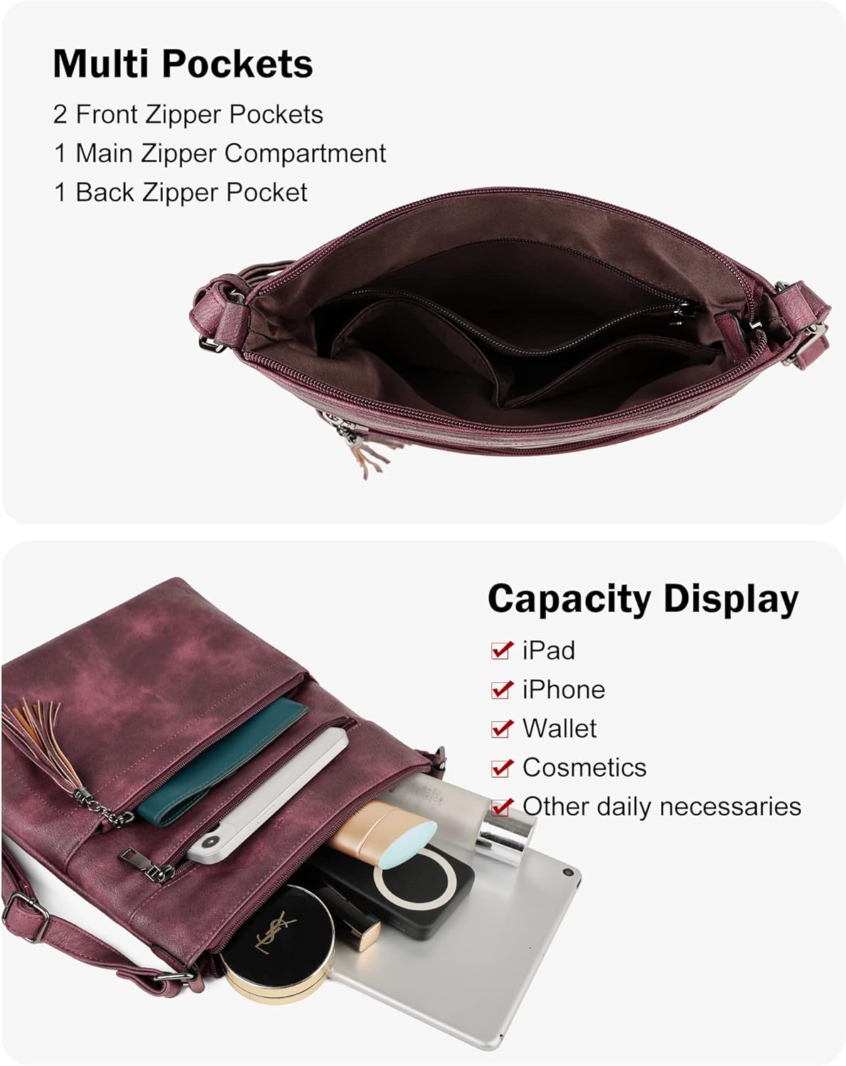 MASINTOR Crossbody Purses for Women, Multi Pocket Casual Crossbody Bag, Adjustable Strap Shoulder Bag with Tassel - Image 3