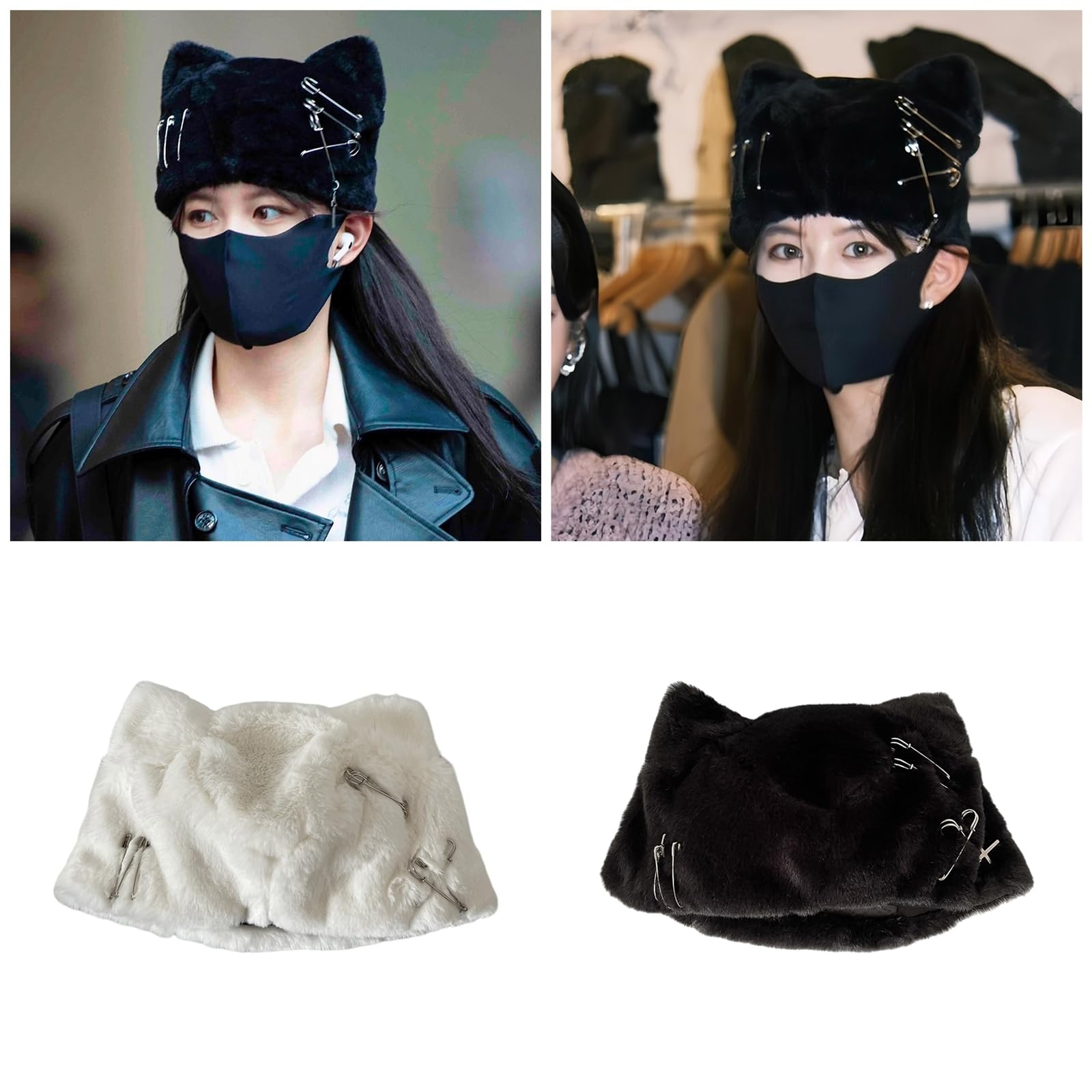 Funny Cats Ear Plush Hat for Female Casual Wear Brimless Hat 2000s Shopping Photo Skull Caps Winter Activity Warm Furry Hat Beige