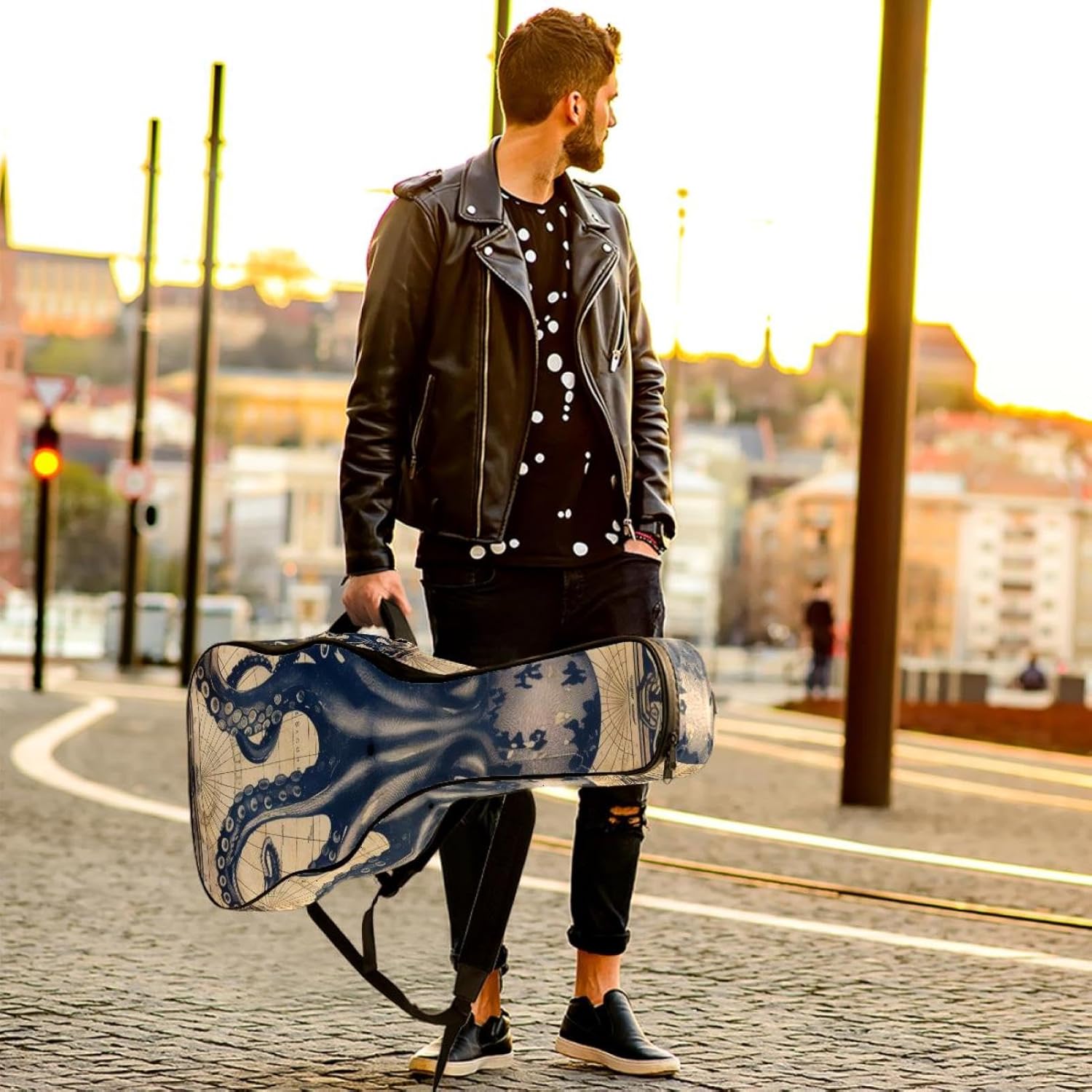 Acoustic Guitar Gig Bag 1 cm Thick Padding, Waterproof Electric Guitar Bag 40-42 Inch Guitar Case Backpack with Dual Shoulder Strap, Funny Ocean Octopus Anchor Vintage Coastal Map