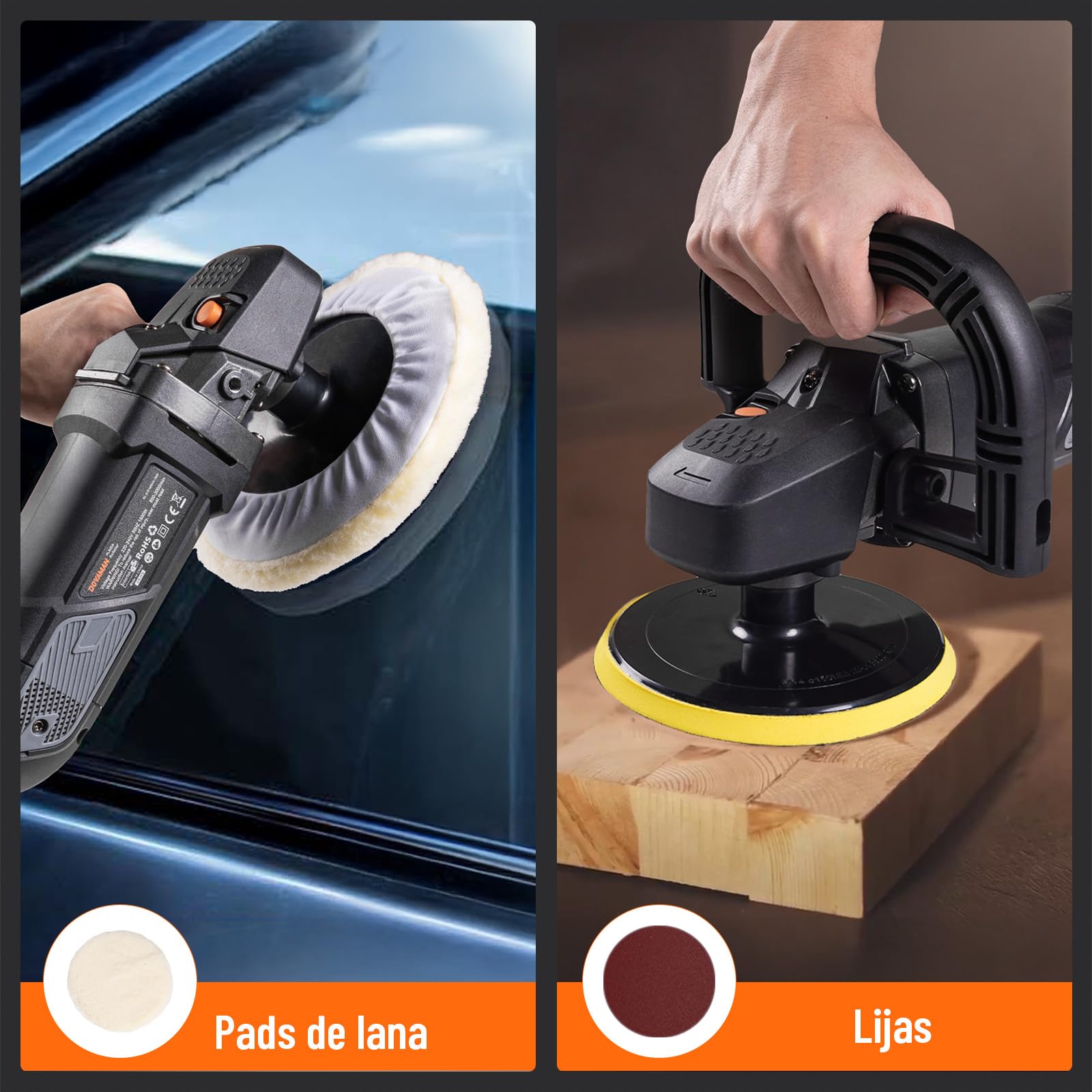 PLS03A Pulidora 1500W, Rotativa 180/150 mm, 6 Velocidades Ajustables (600–3000 rpm), Mango Desmontable, Kit Pulidora para Coche, para Detallado, Pulido y Encerado