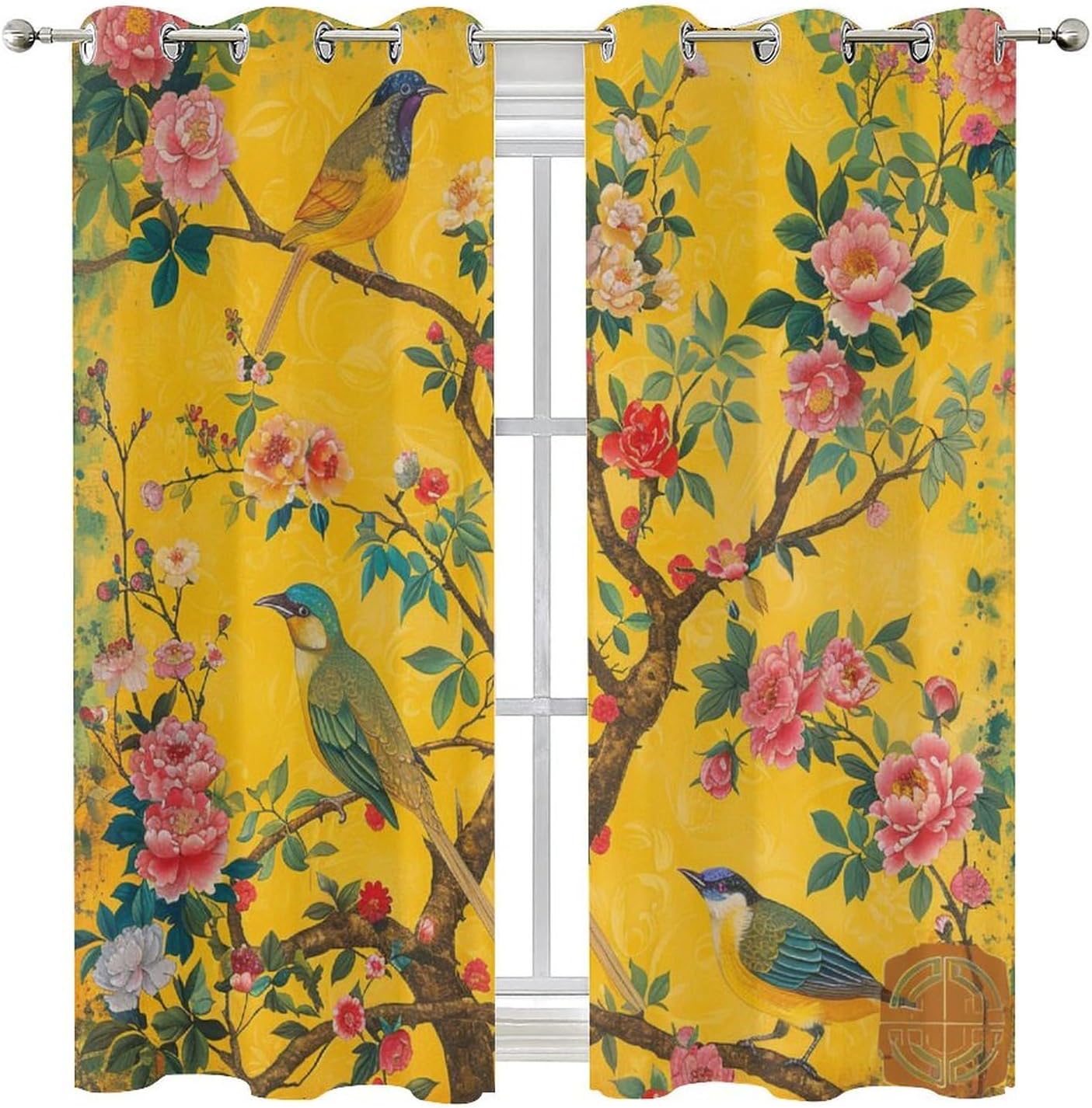 Nature Floral Tree Grommet Blackout Curtains for Bedroom, Colorful Bird Flower Chinese Painting Thermal Insulated Curtains Room Darkening Window Drapes, 21W x 45L, 2 Panels