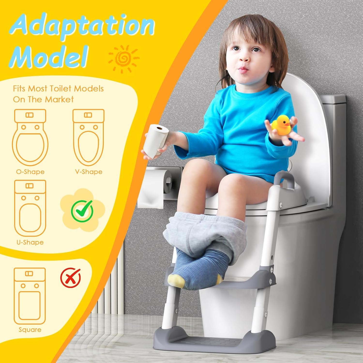 HBTower Toilettensitz Kinder mit Treppe, WC Aufsatz für Kinder für Jungen und Mädchen, 2-in-1 Toilettentrainer mit Treppe, Höhenverstellbar Bequemer Sicherer Toilettensitze, Tritthocker für Kinder