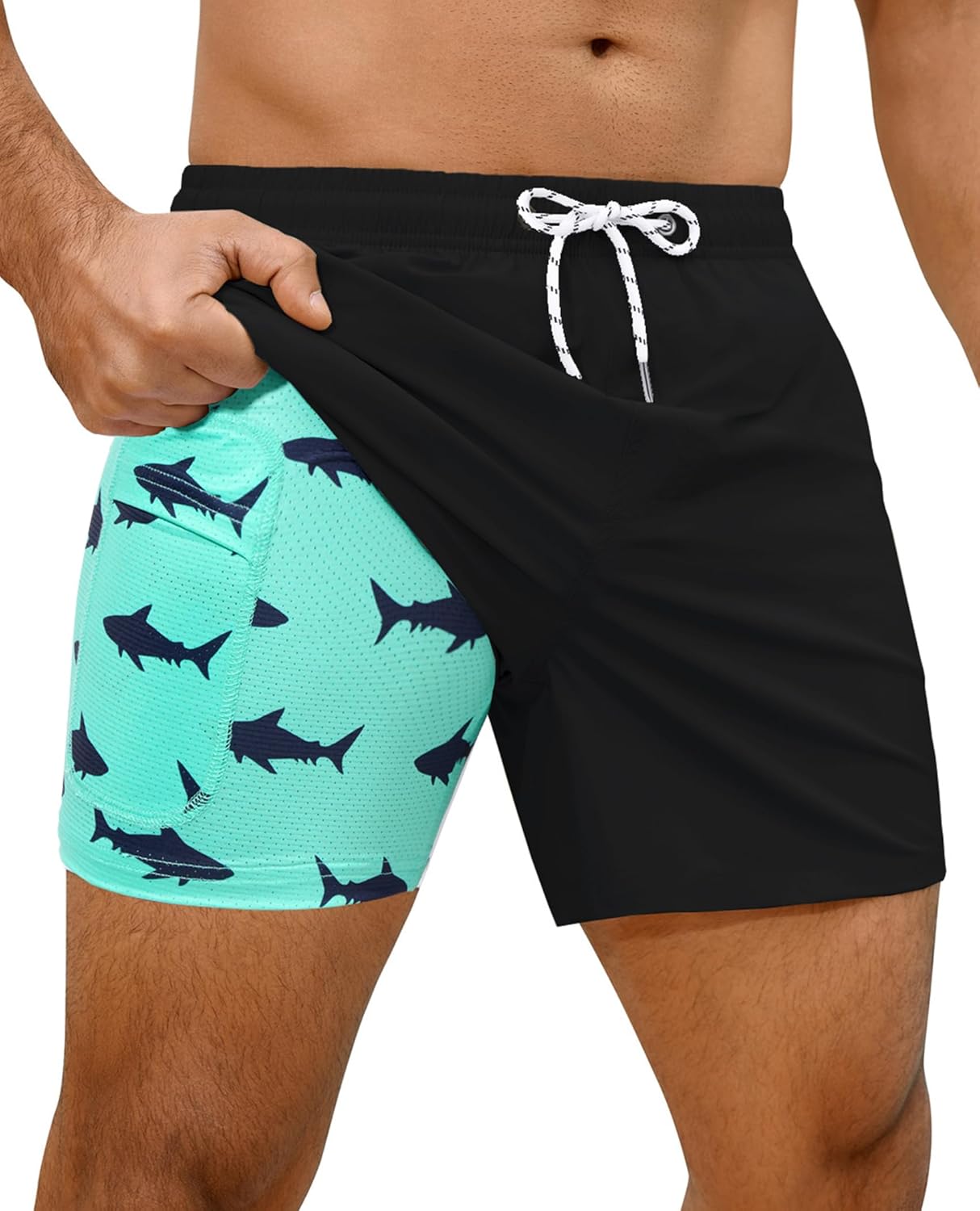7inch Mens Swim Trunks: 2 in 1 with Compression Liner Stretch Quick Dry Drawstring Shark Pockets Beach Pool Vacation