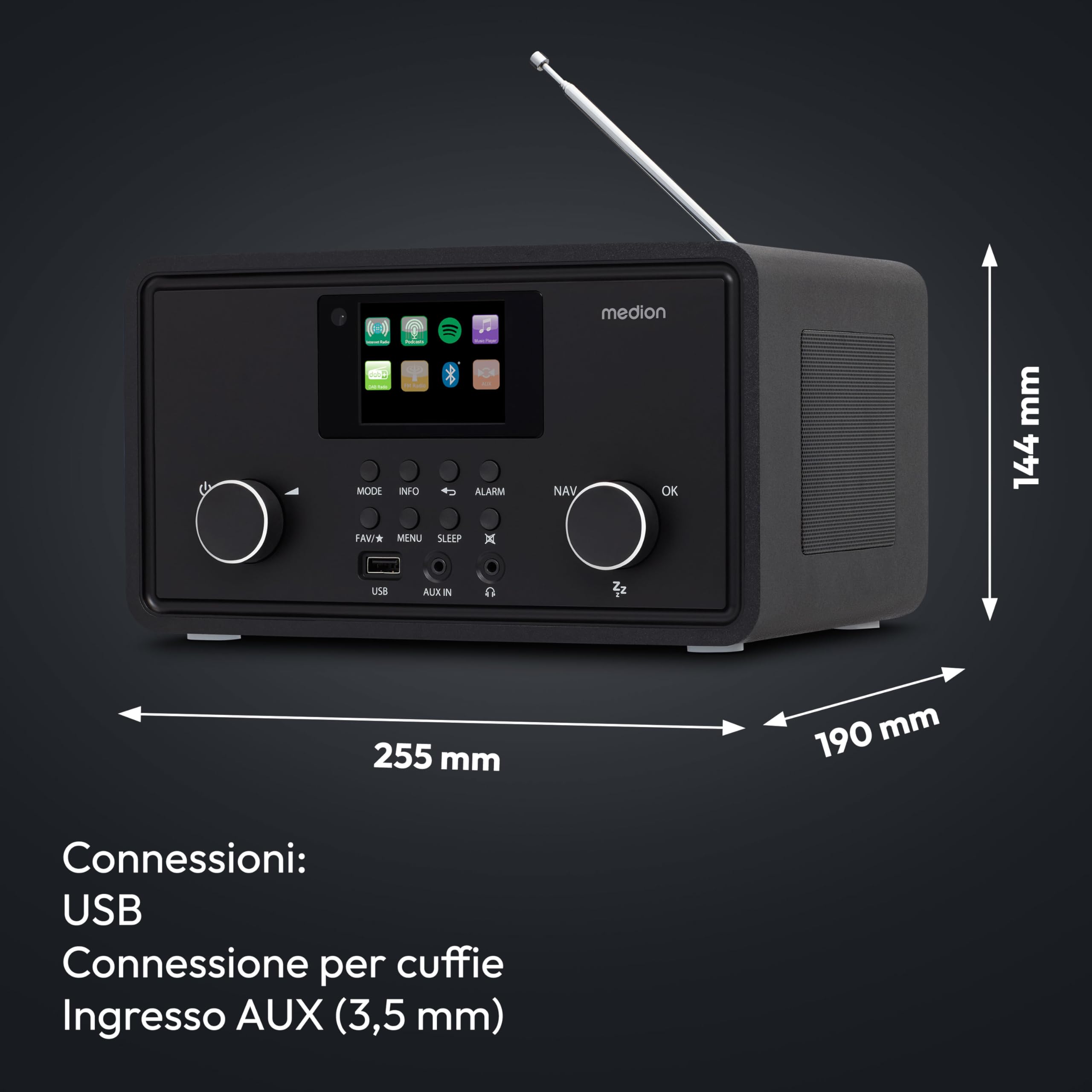 MEDION P85027 Internet radio DAB Plus FM Spotify Connect WLAN Bluetooth streaming equalizzatore display a colori USB AUX sveglia snooze sleep timer nero