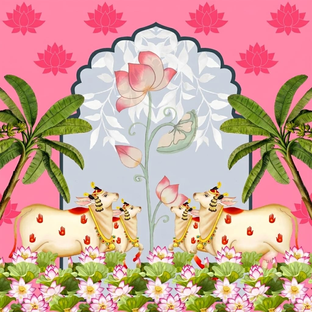 2 Cow Lotus Backdrop Cloth (5x5 Feet) | Traditional & Pooja Decoration Background Curtain | for Festivals, Functions, Ceremonies & Home Décor-image-9