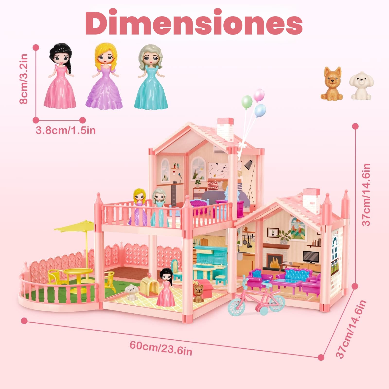 deAO Casa de Muñecas con 3 Princesas, Muebles y Accesorios, Villa Casa de Muñecas de Ensueño para Niñas, Pequeñas 4 Habitaciones, 1 Balcón, 1 Jardín, Regalo para Niñas de 3-8 Años (Naranja Brillante)