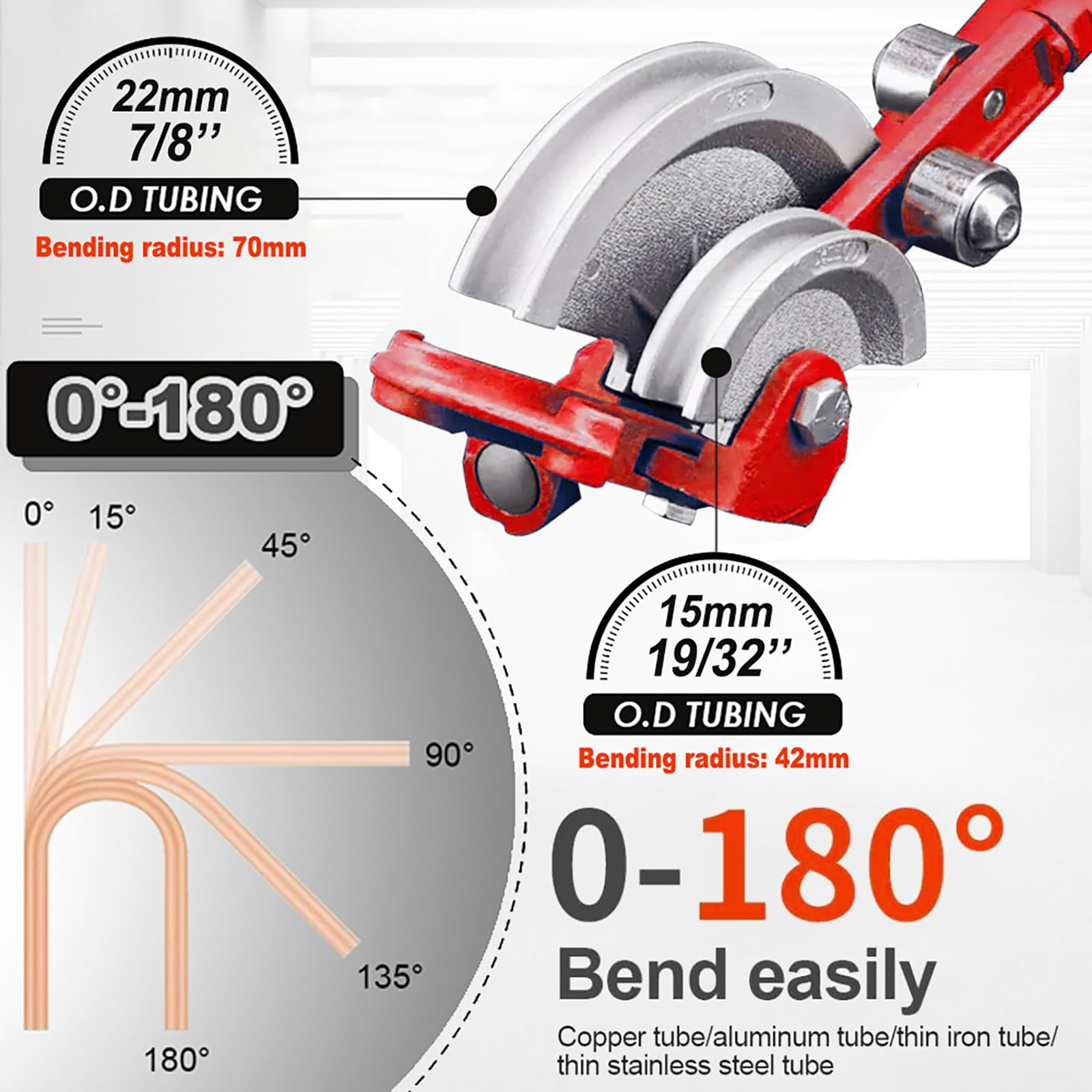 Piegatubi manuale per tubi in rame e alluminio da 15mm/22mm, 180° Utensili per piegare tubi HVAC e aria condizionata red