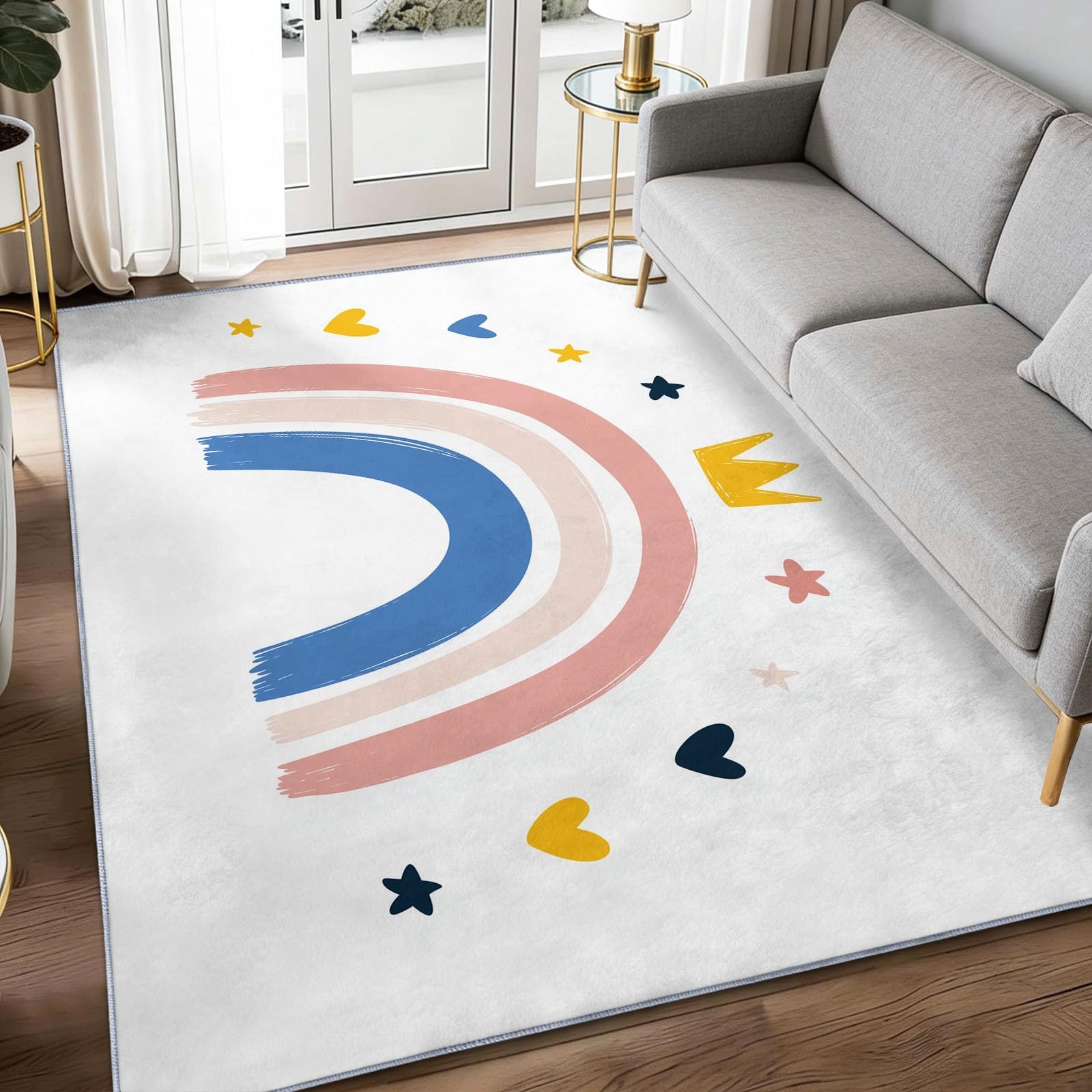 Böhmisch Teppich Waschbar Regenbogen-Herzen Sterne Teppich 100 x 160 cm, Weiche Niedriger Teppiche rutschfest Waschbar Pflegeleicht Teppiche Für Wohnzimmer Schlafzimmer Küche