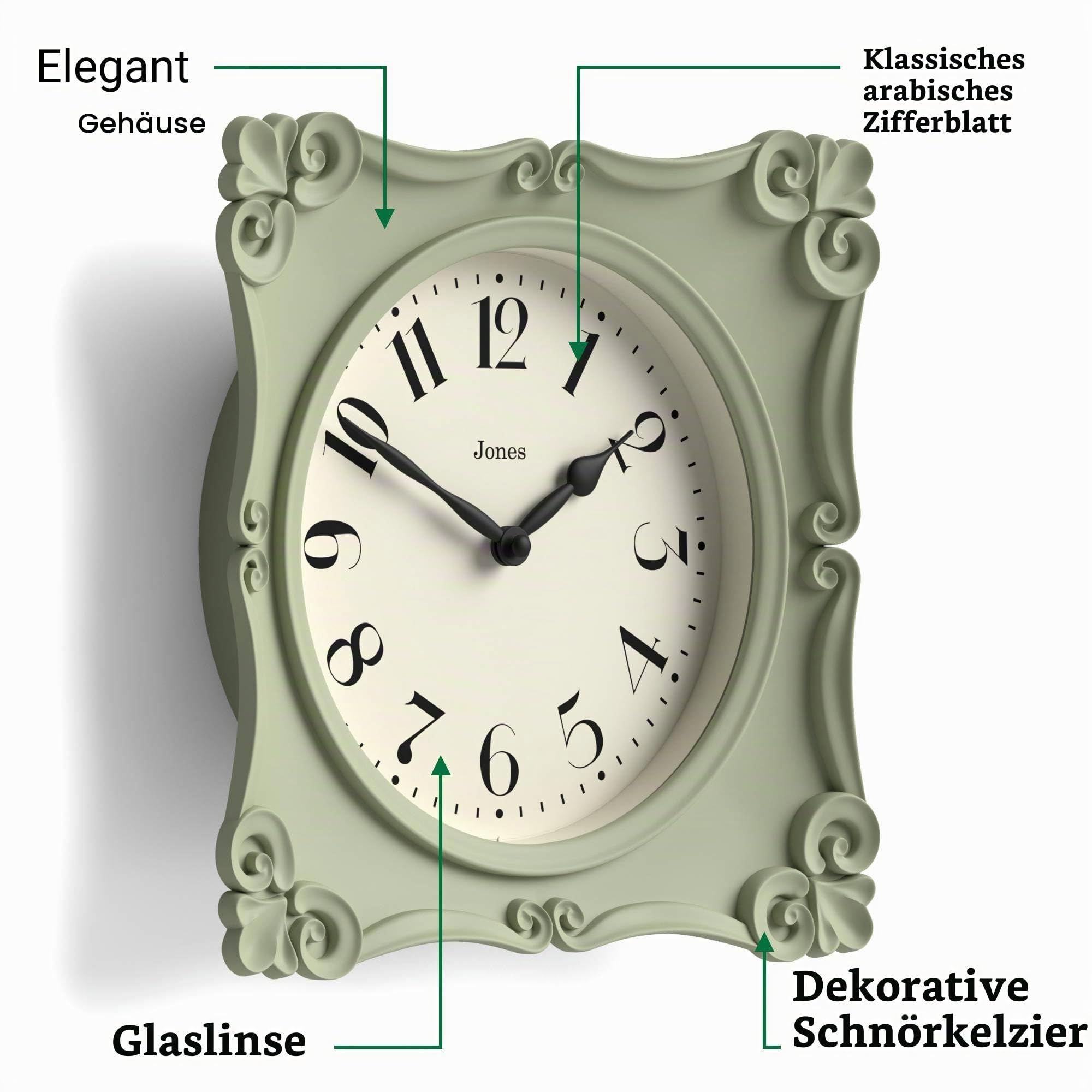 JONES CLOCKS® Rialto Wanduhr | Verzierte quadratische Uhr im Vintage-Stil | 25 cm | Salbeigrün | Ideal für Wohnzimmer oder Schlafzimmer