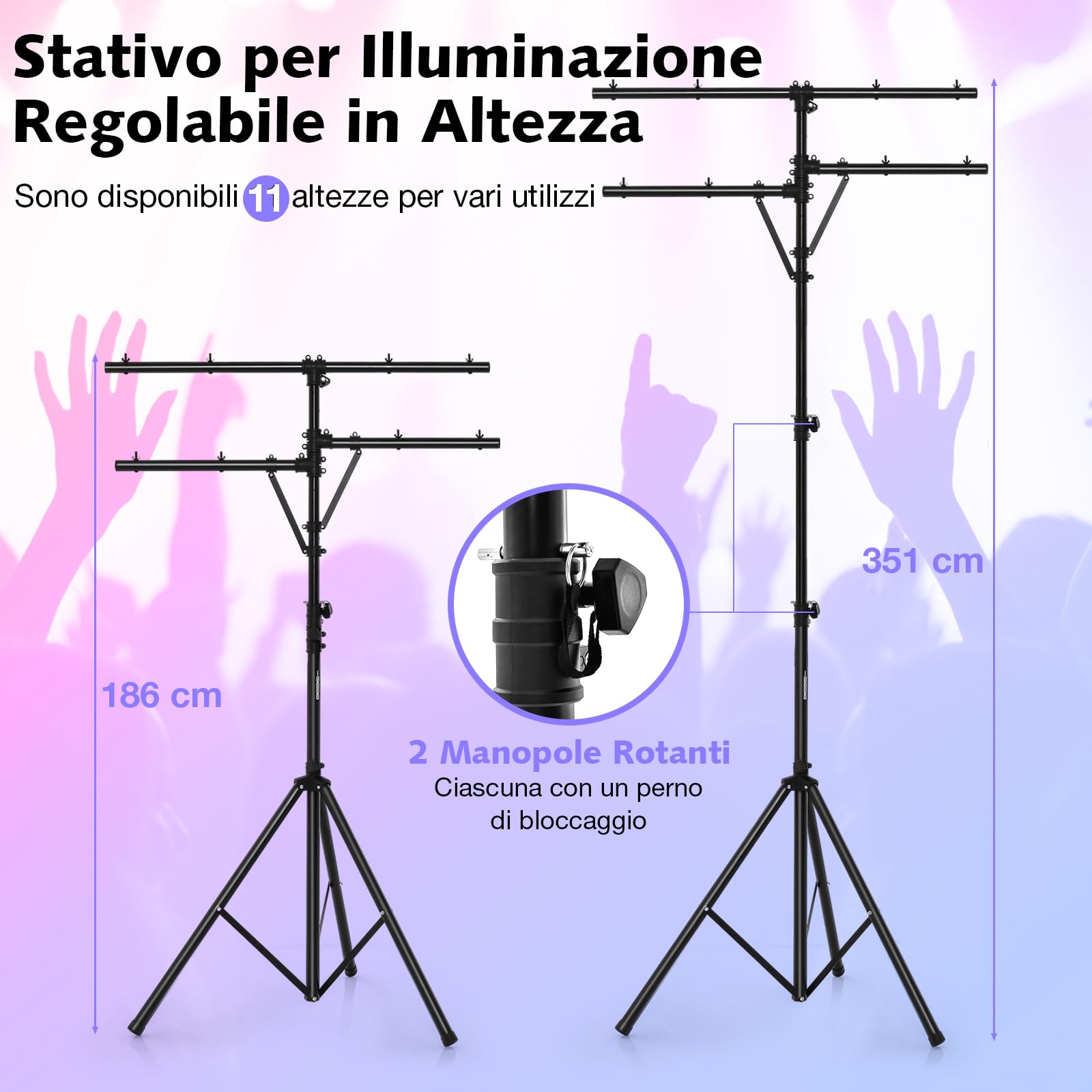 Supporto Luci GYMAX Regolabile - Fino A 16 Luci, Altezza 180-350 Cm, Base A Tre Gambe In Acciaio, Nero - Foto 2