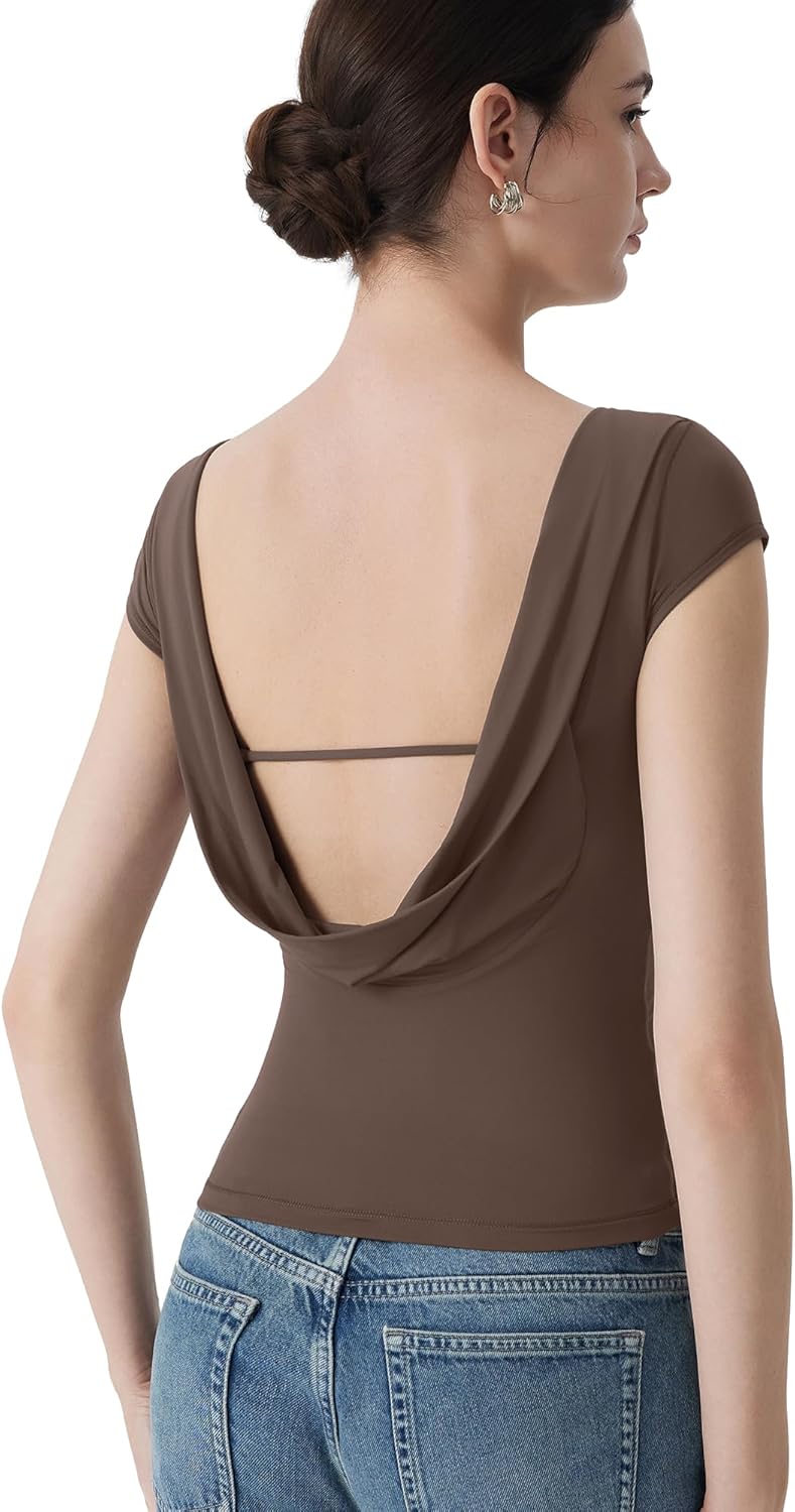 SUUKSESS Women Boat Neck Cowl Backless Top with Built in Bra Double Lined Cap Sleeve Tops Summer Going Out Shirts