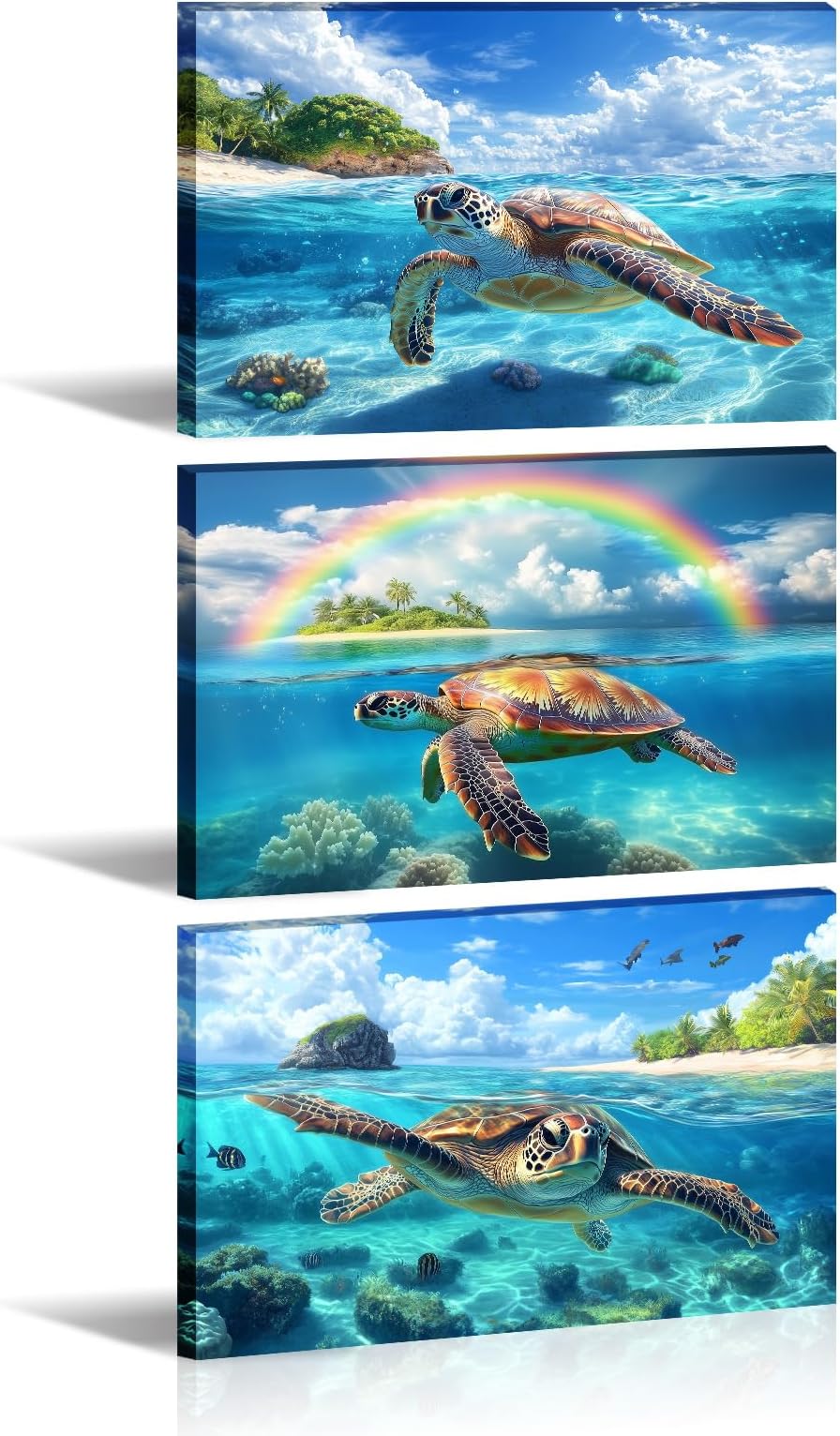 Sea Turtle Canvas Wall Art 3Pcs Ocean Wall Decor Framed Turtle in Water Picture CoastalRainbow Painting Prints for Living Room Home Office Ready to Hang - 12.00"x16.00"x3P
